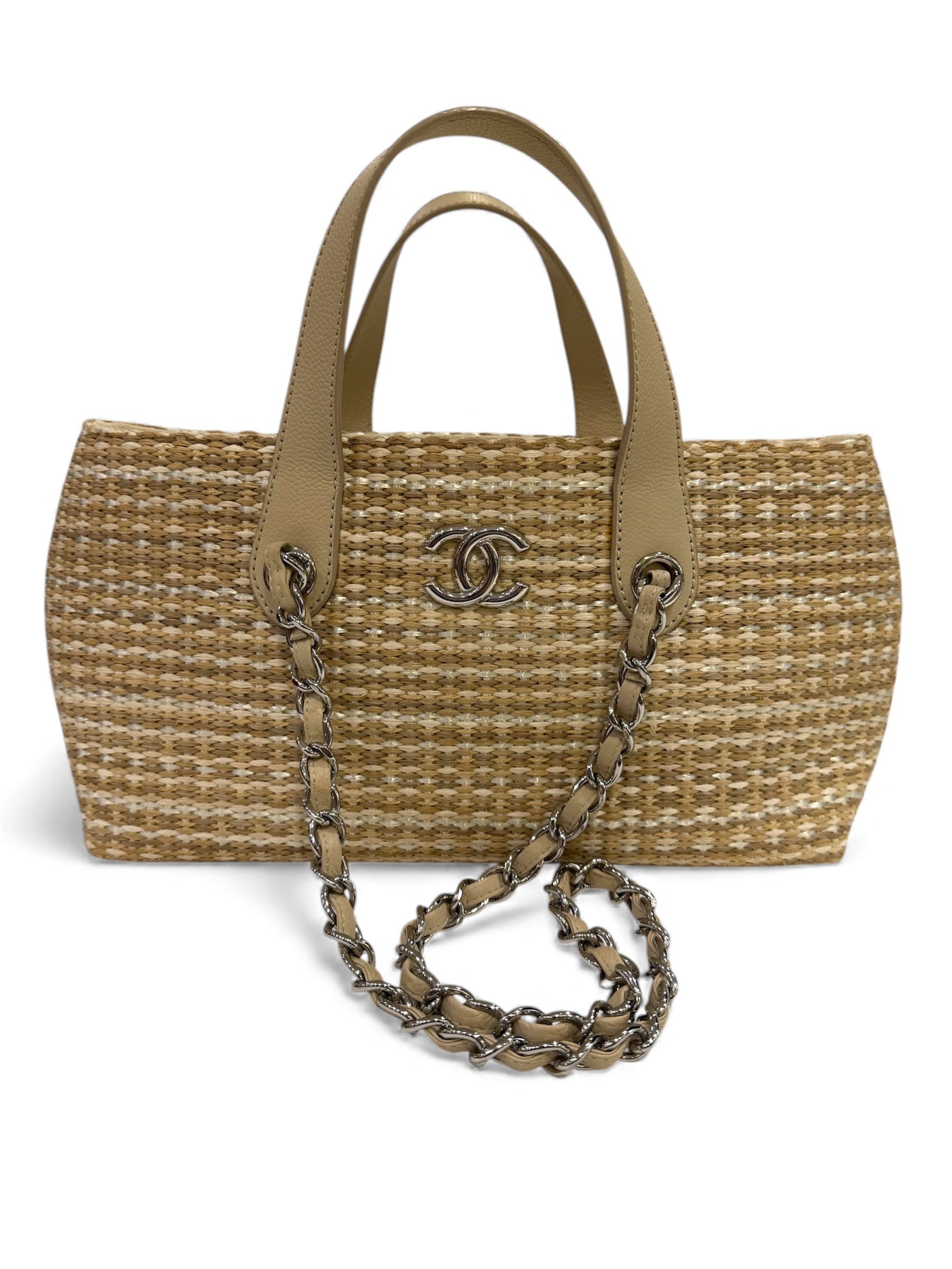 Chanel - Borsa in rafia beige e bianca