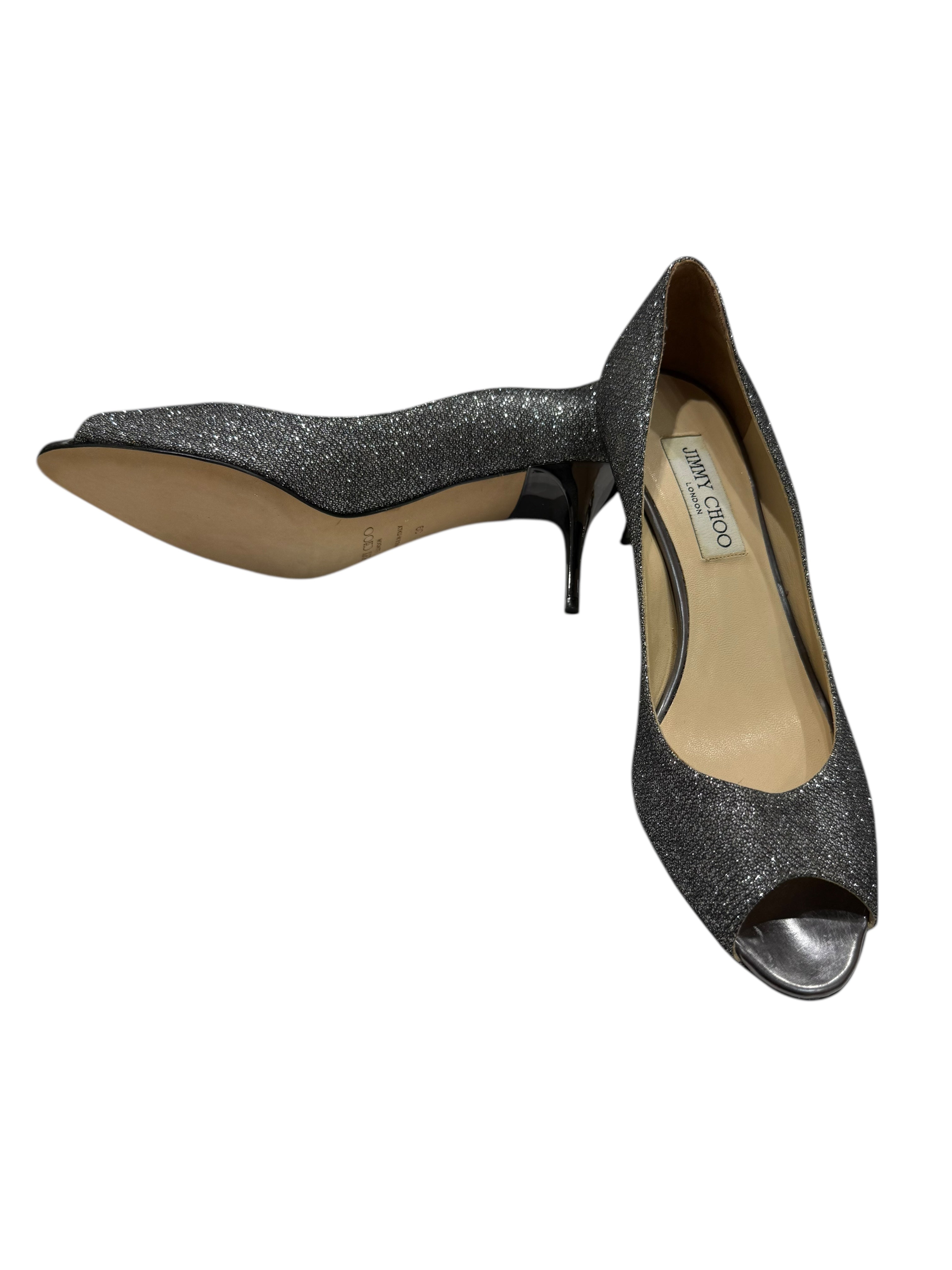Jimmy Choo - Escarpins bout ouvert scintillants gris T39