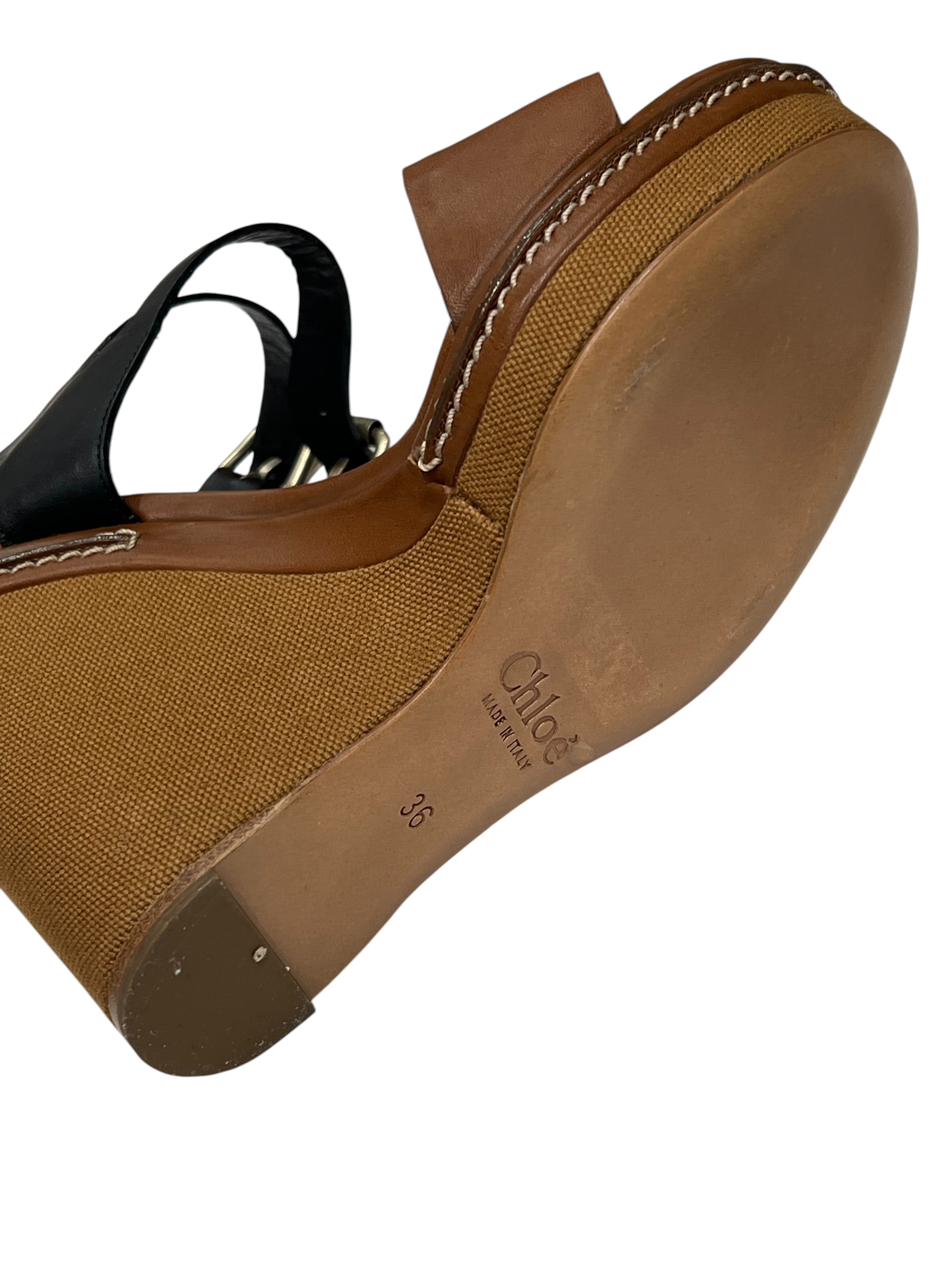 Chloé - sandales à talon compensées bois et cuir noir T36