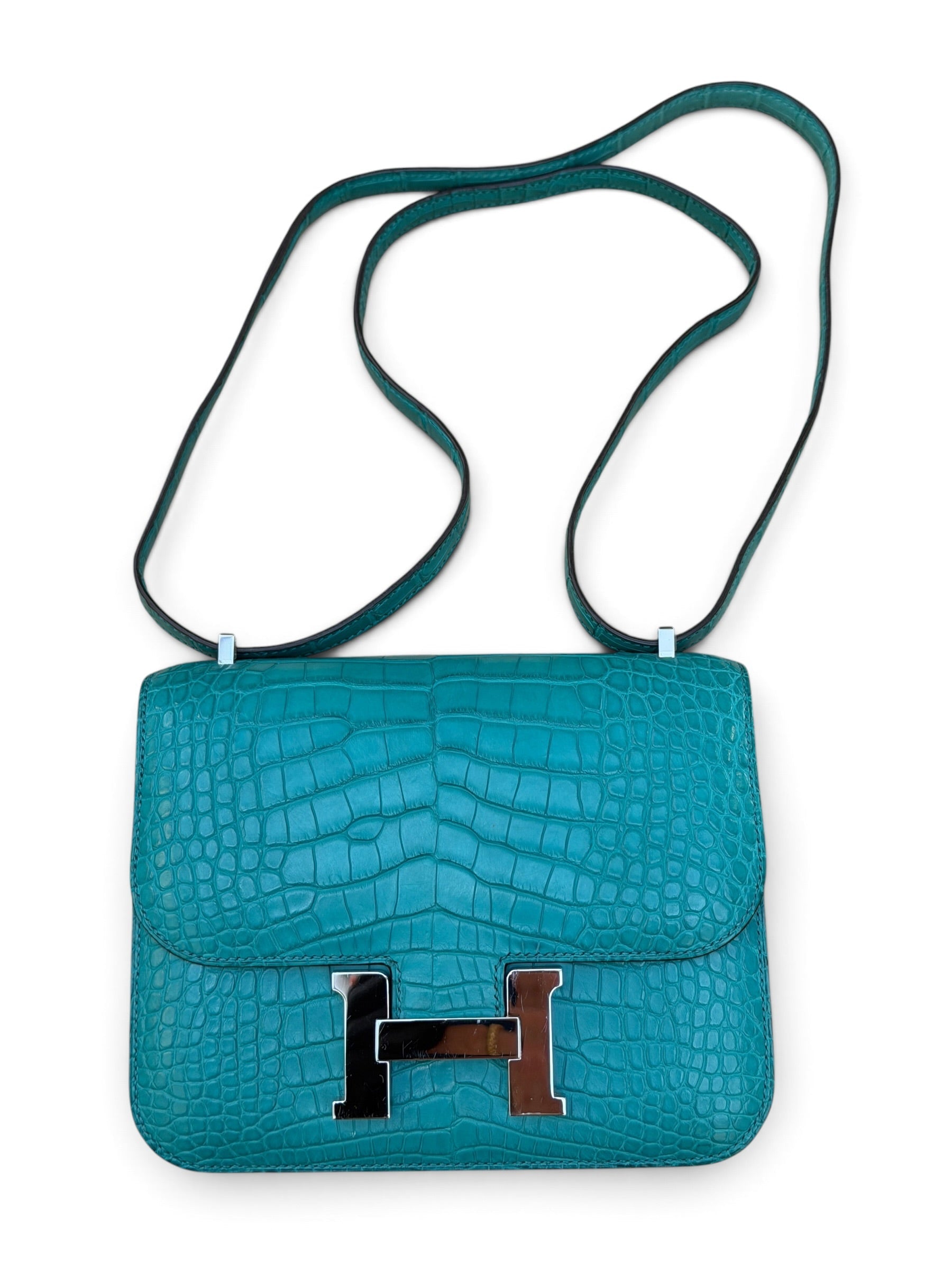 Hermès - Sac Constance 18 Alligator Mat Bleu Paon