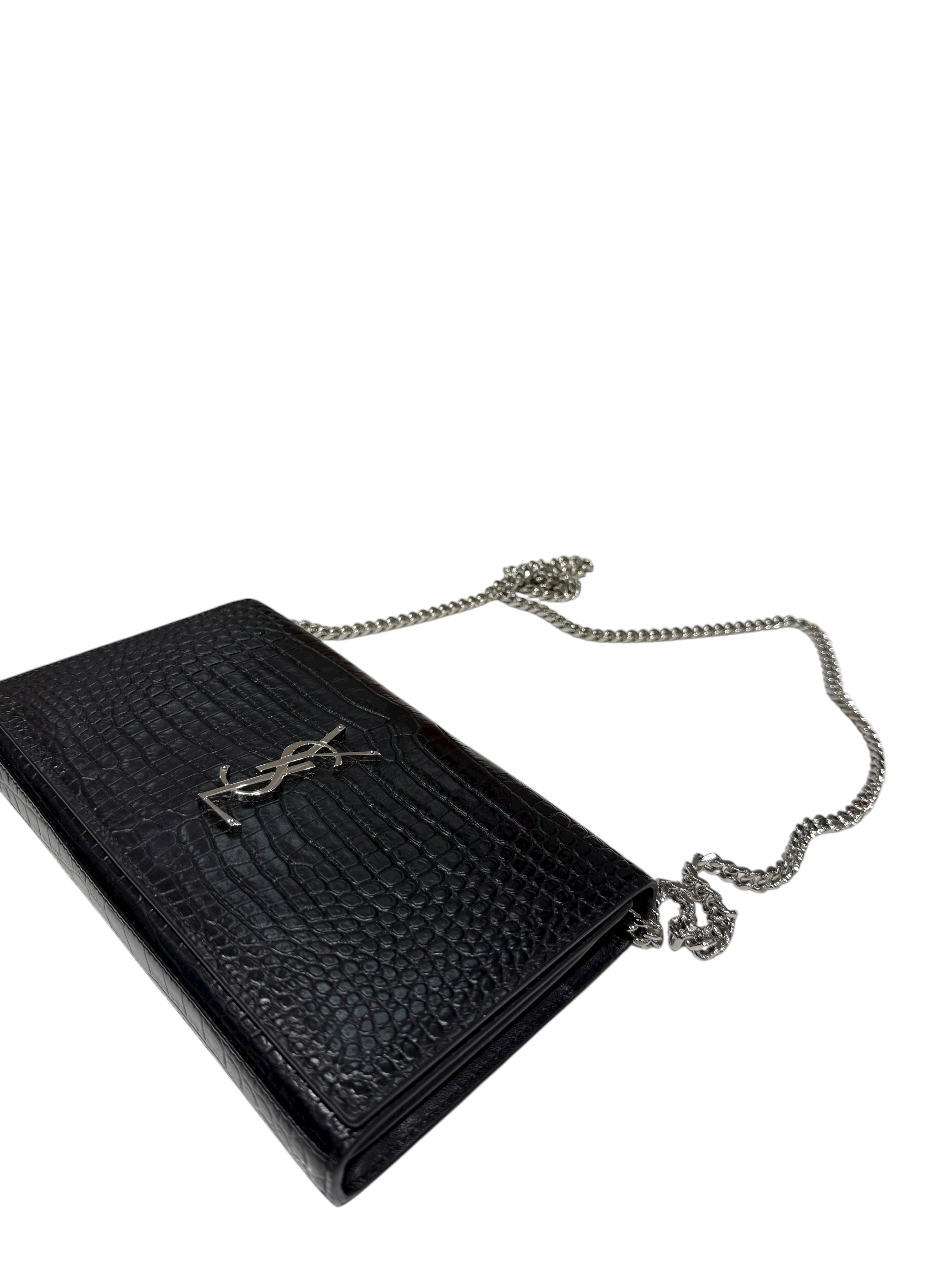 Saint Laurent - Sac pochette Kate embossé crocodile noir