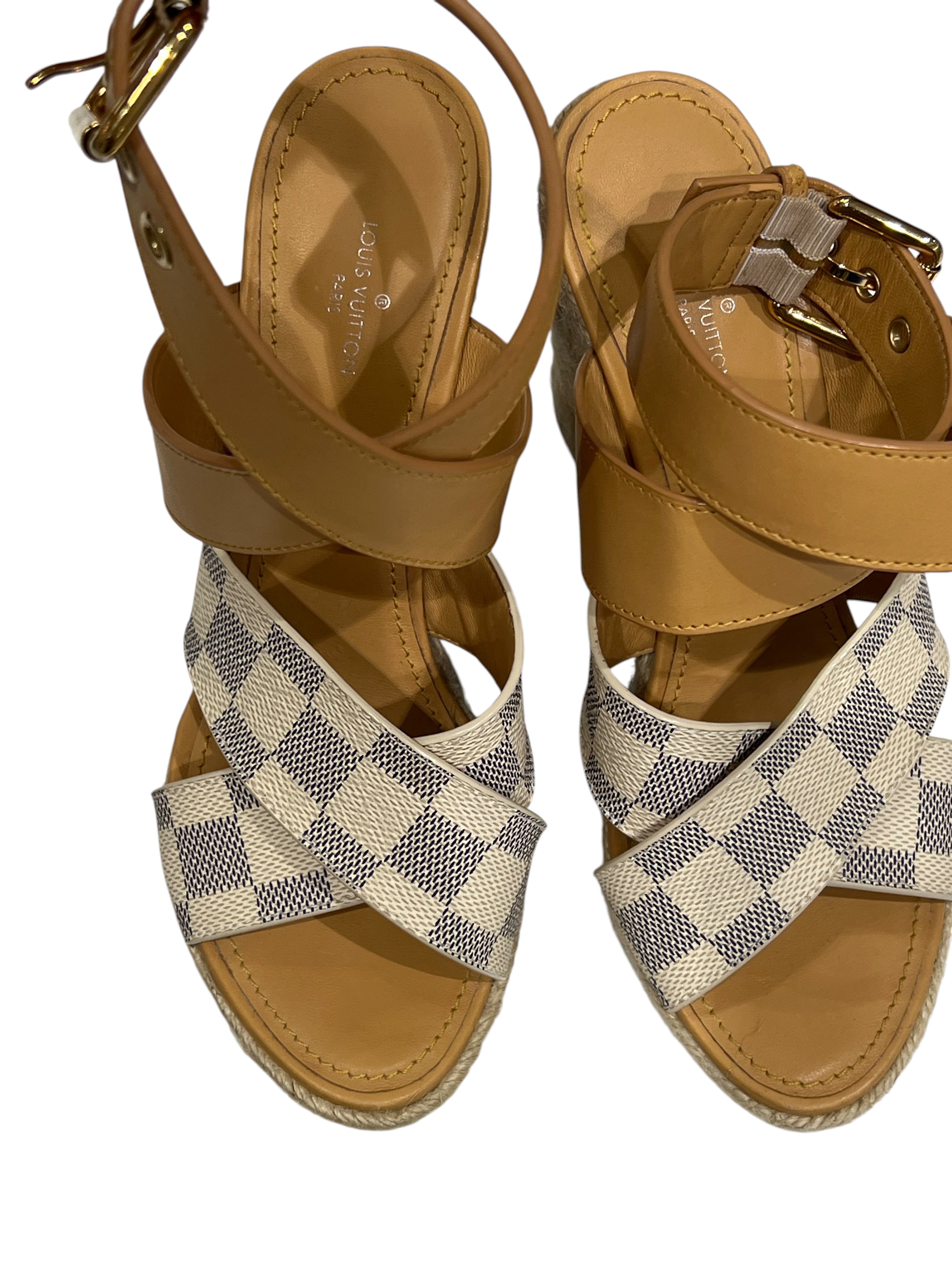 Louis Vuitton - sandales talon compensé corde toile damier azur T 37