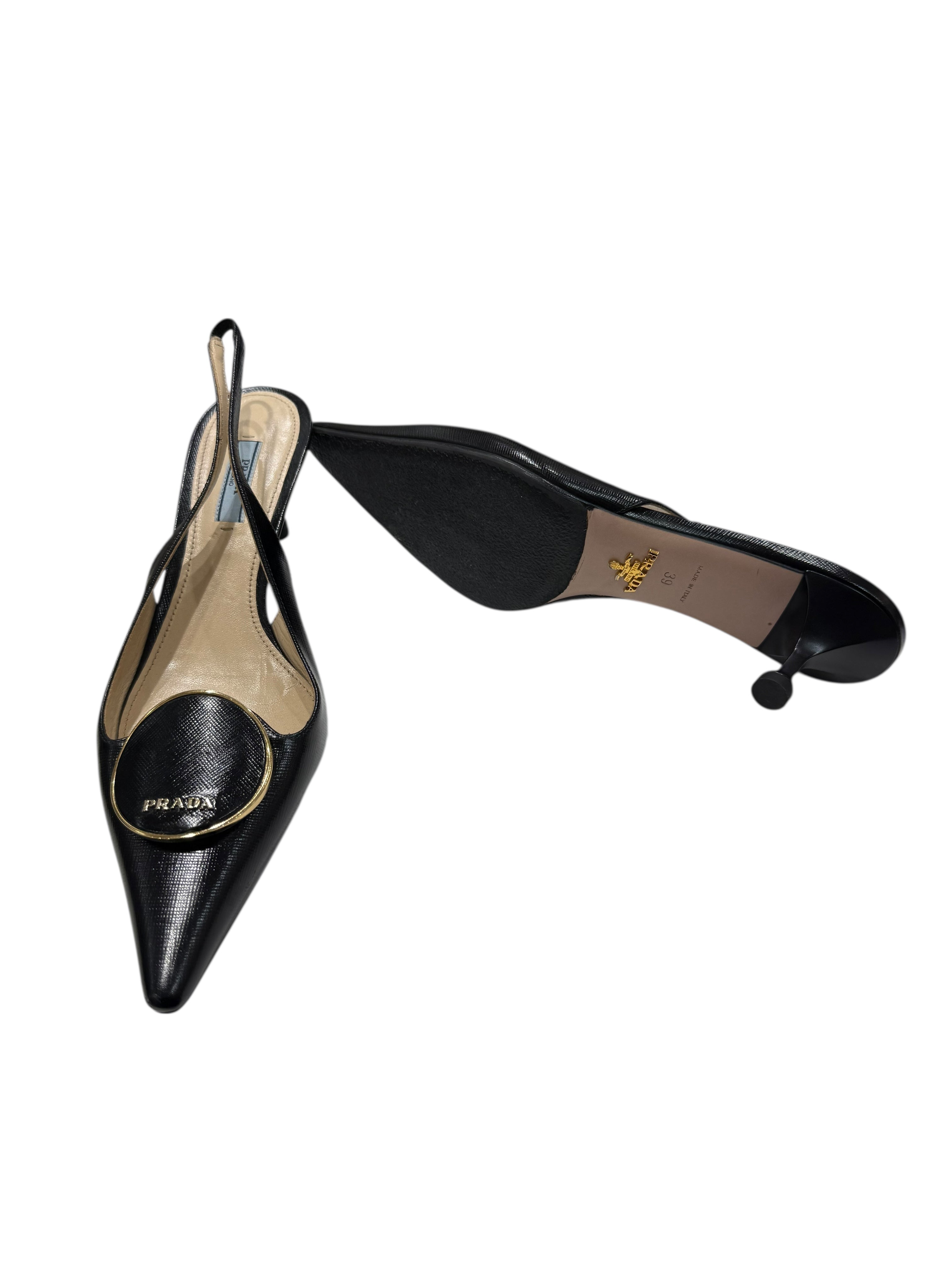 Prada - Slingback en cuir saffiano noir T39