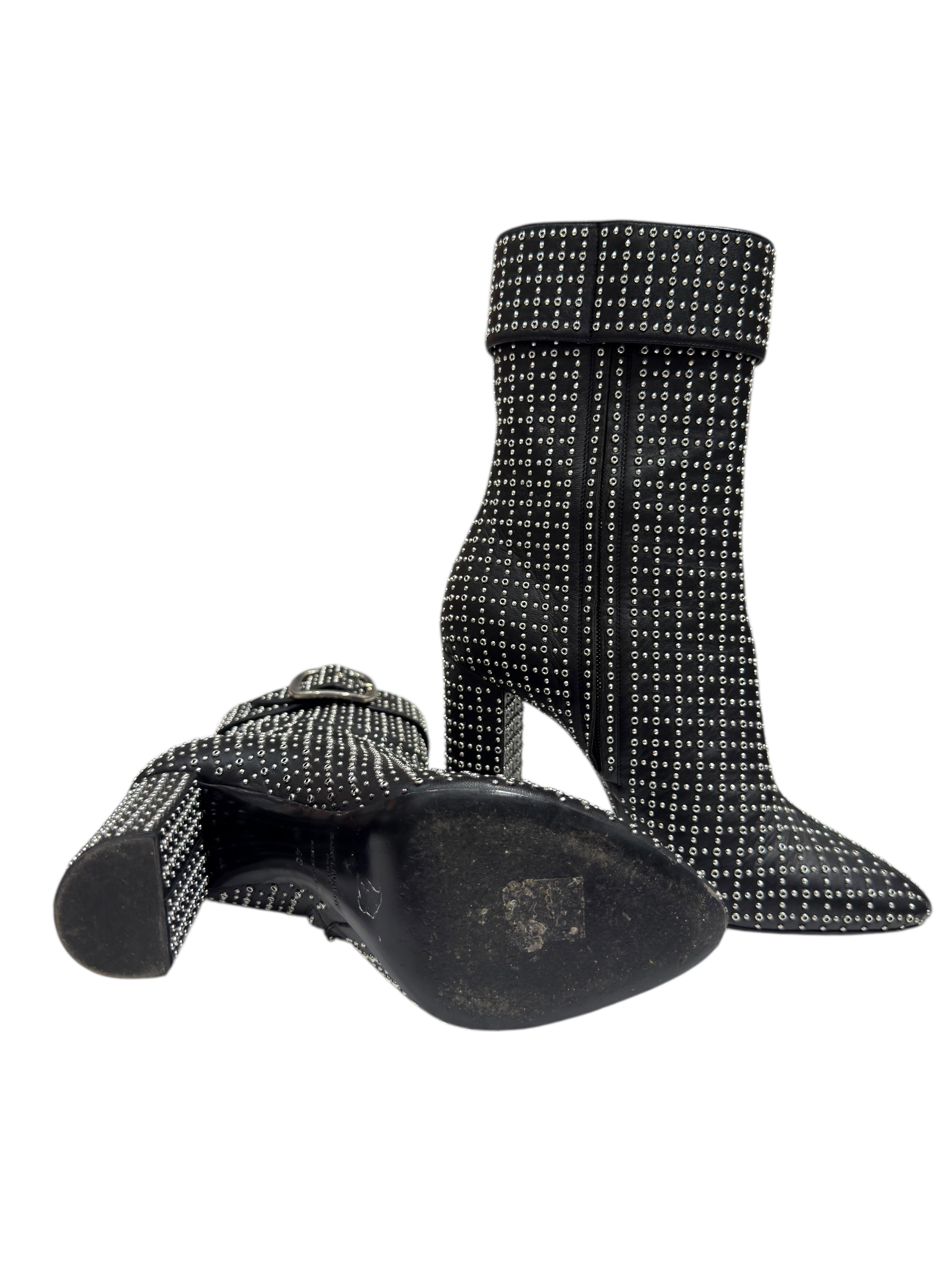Saint Laurent - Bottines à clous perforés noires et boucle argenté T40