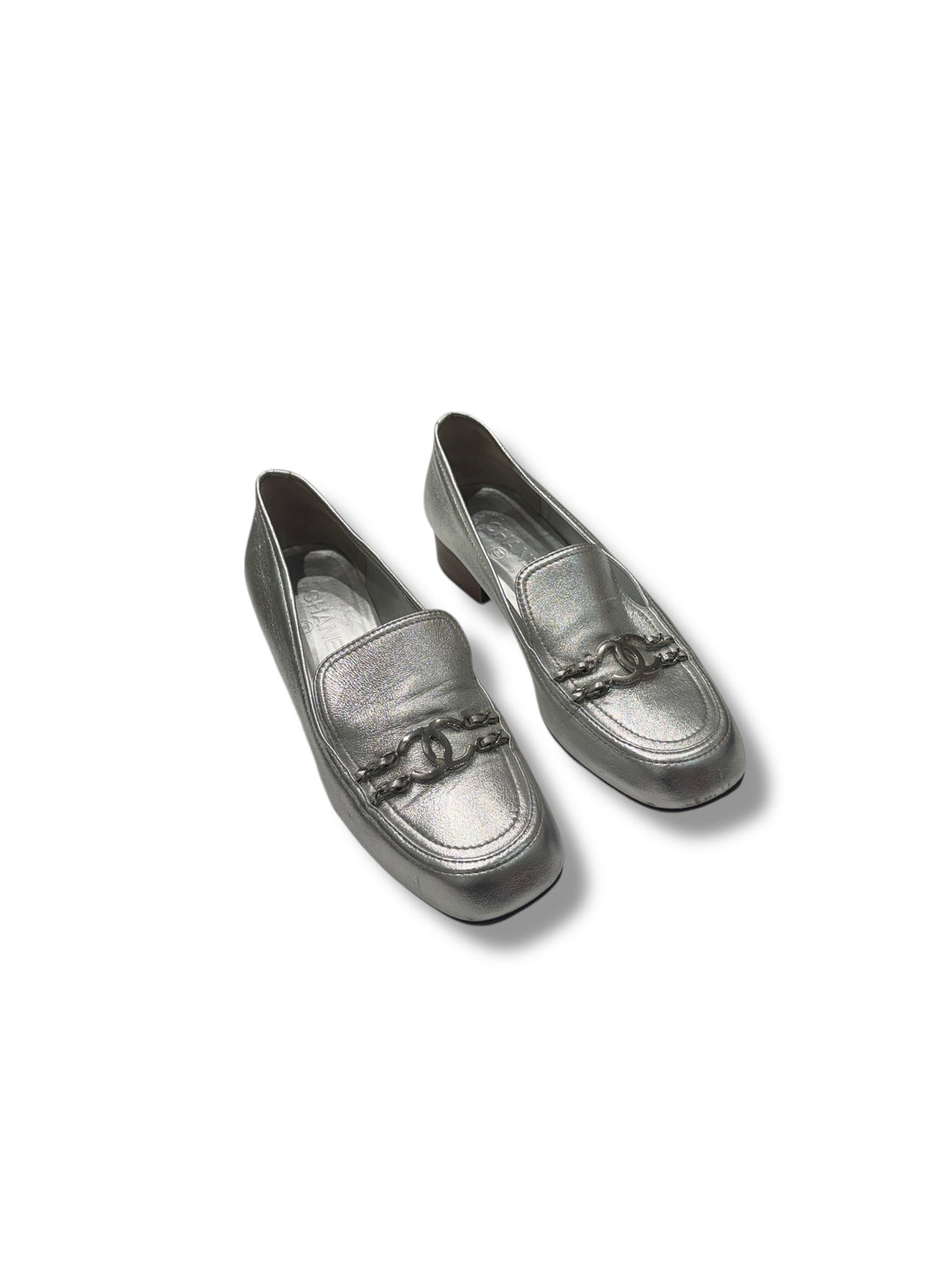 Chanel - Mocassins cuir argenté CC T41