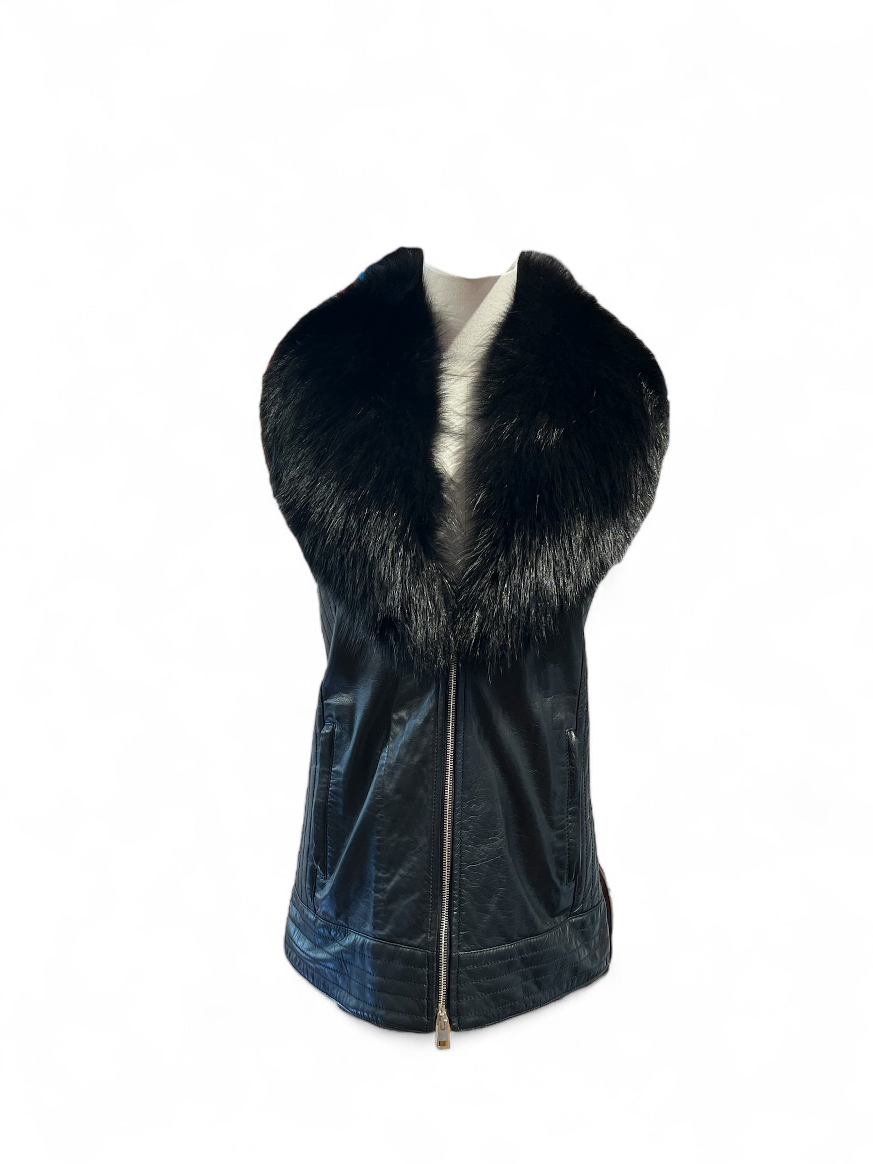 Flavio Castellani - Veste en cuir noir sans manche avec fourrure