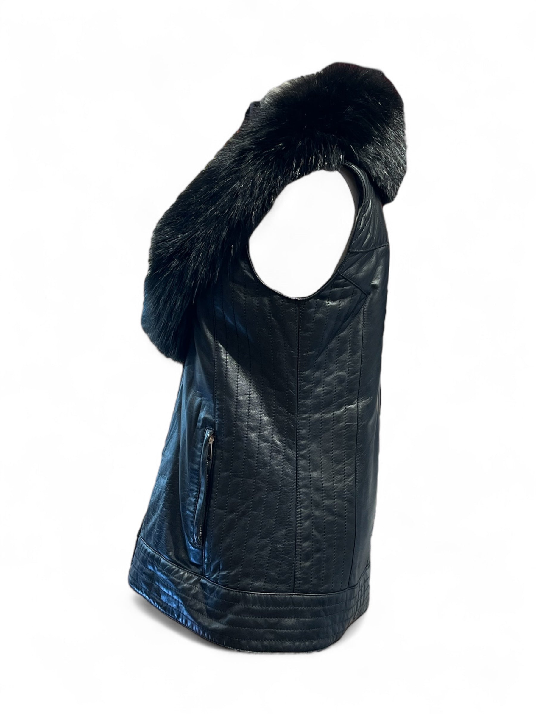 Flavio Castellani - Veste en cuir noir sans manche avec fourrure