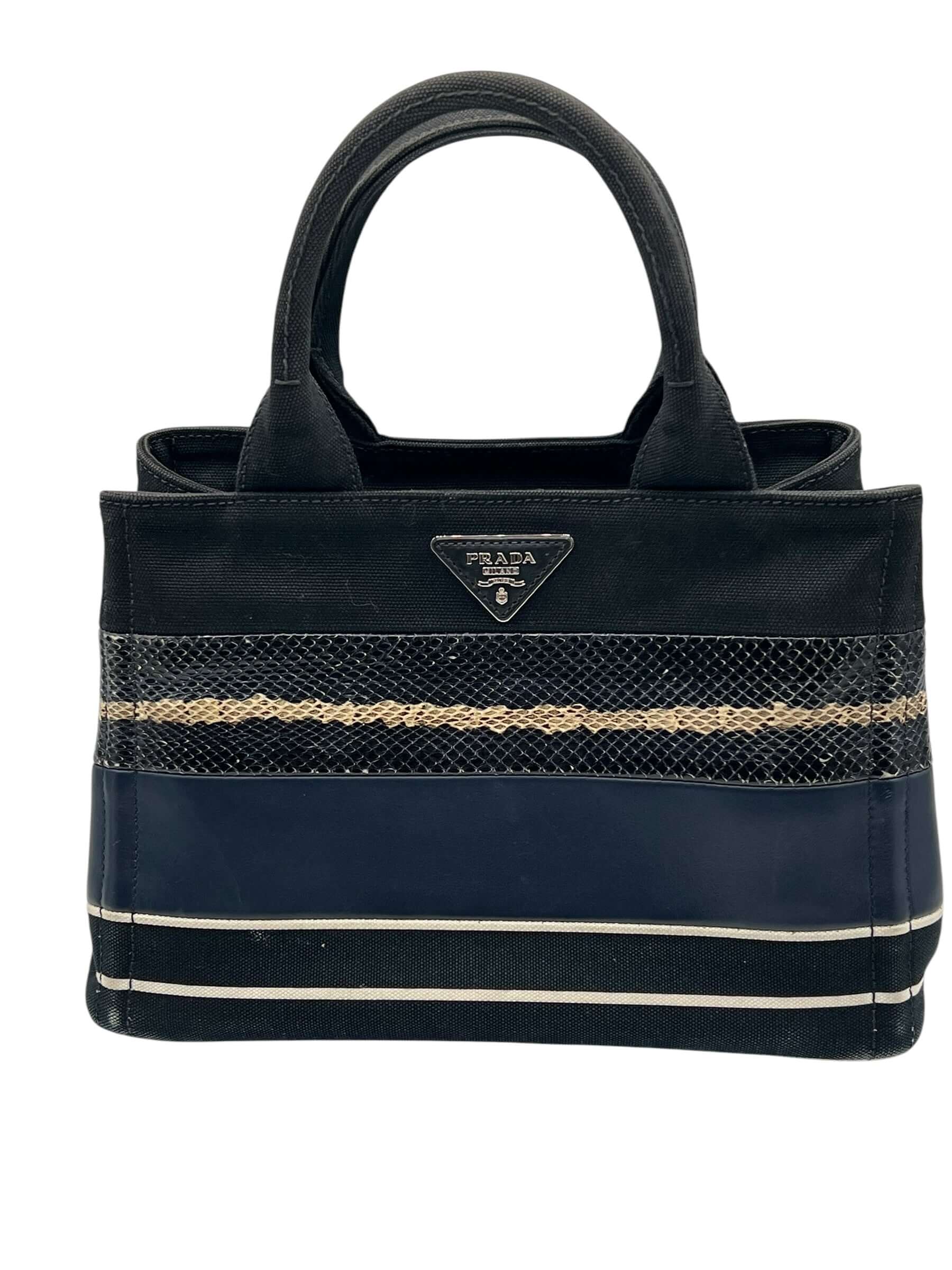 Prada - sac Canapa, toile, cuir et python marine et noir