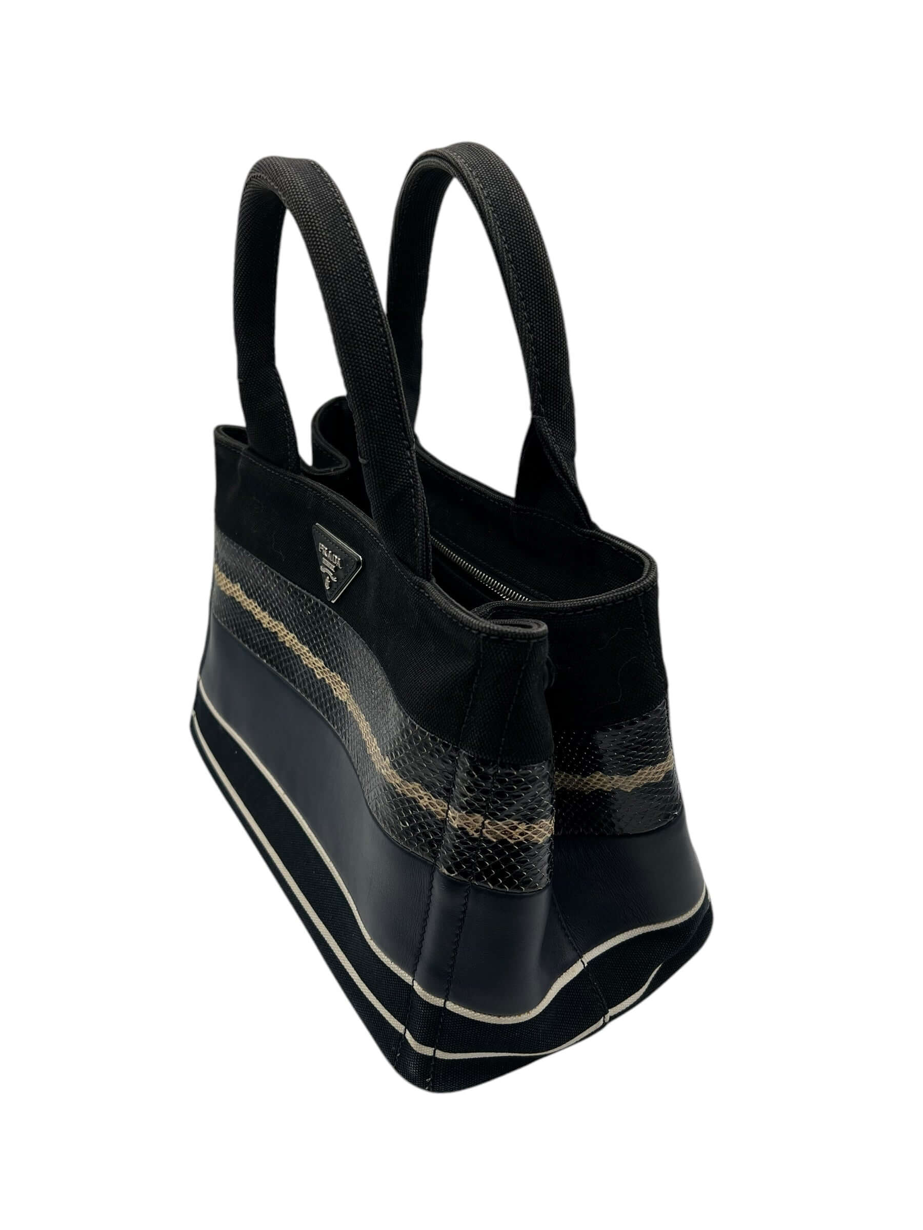 Prada - sac Canapa, toile, cuir et python marine et noir