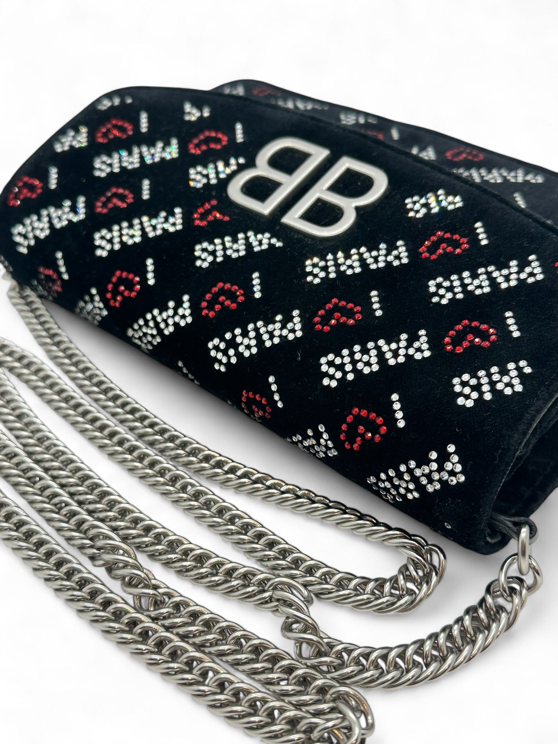 Balenciaga - Tasche Kristall Samt Geldbörse an Kette schwarz
