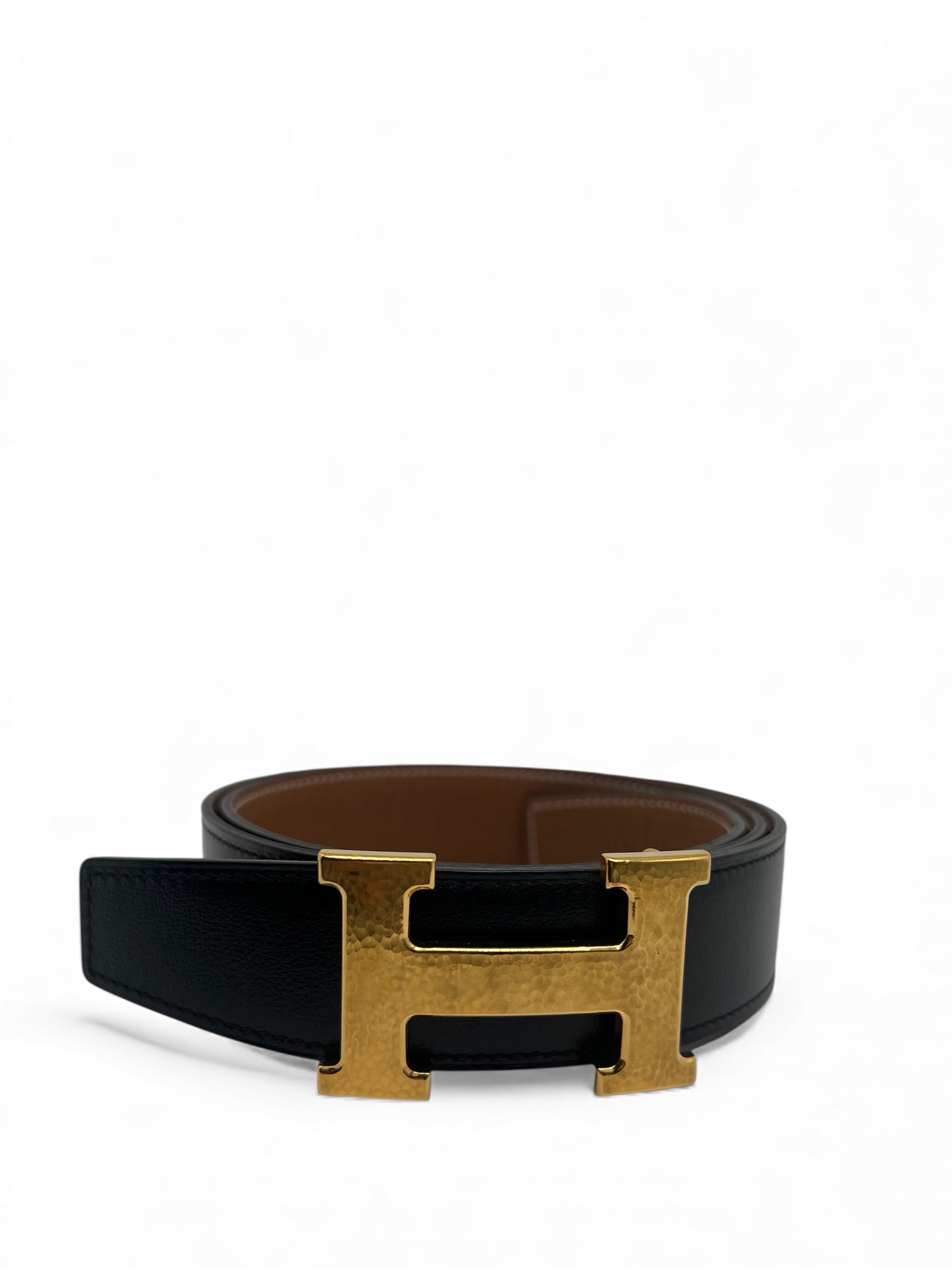 Hermès - Ceinture H noir boucle martelée dorée