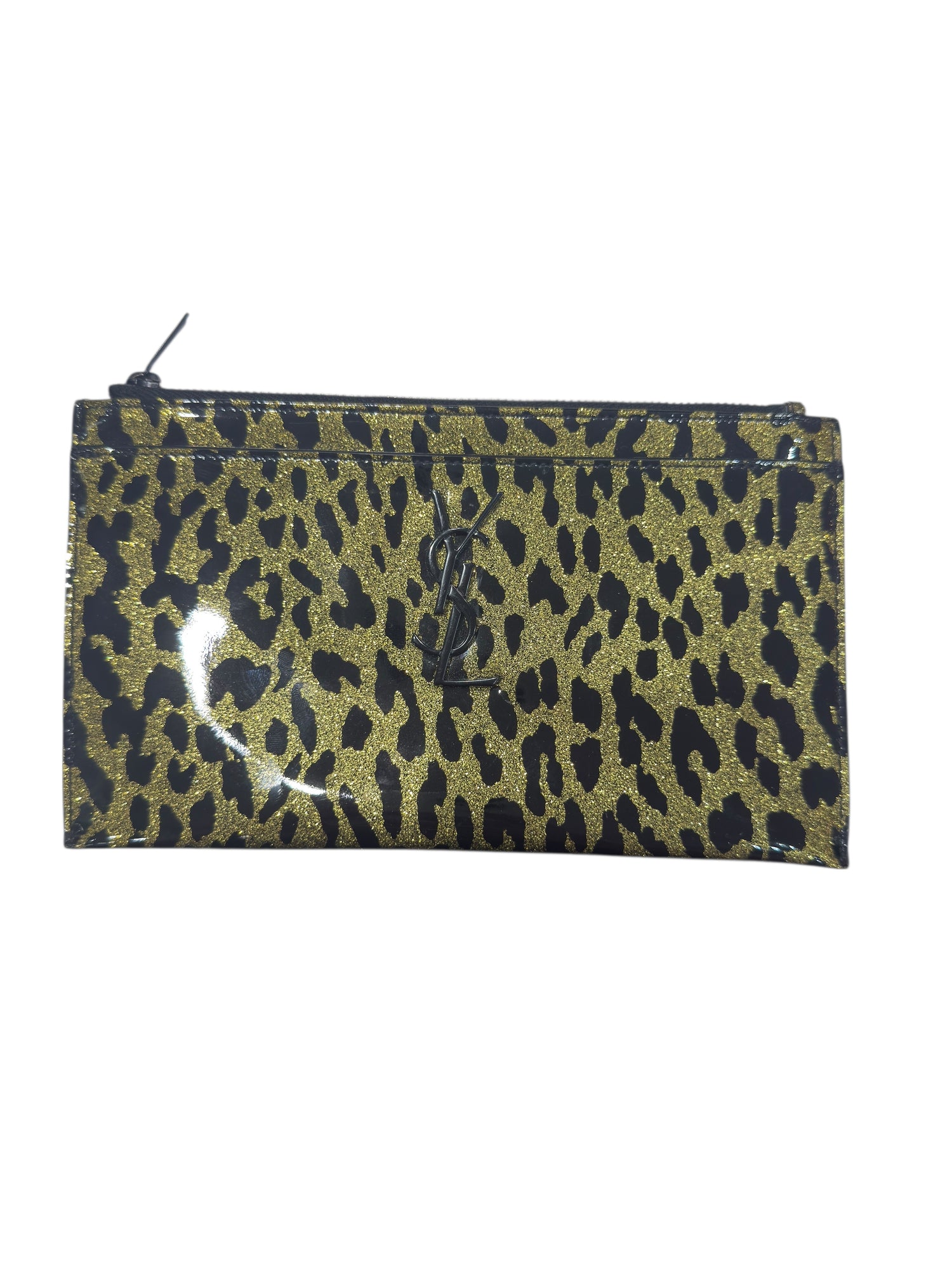 Saint Laurent - Pochette en cuir vernis léopard doré pailleté et noir