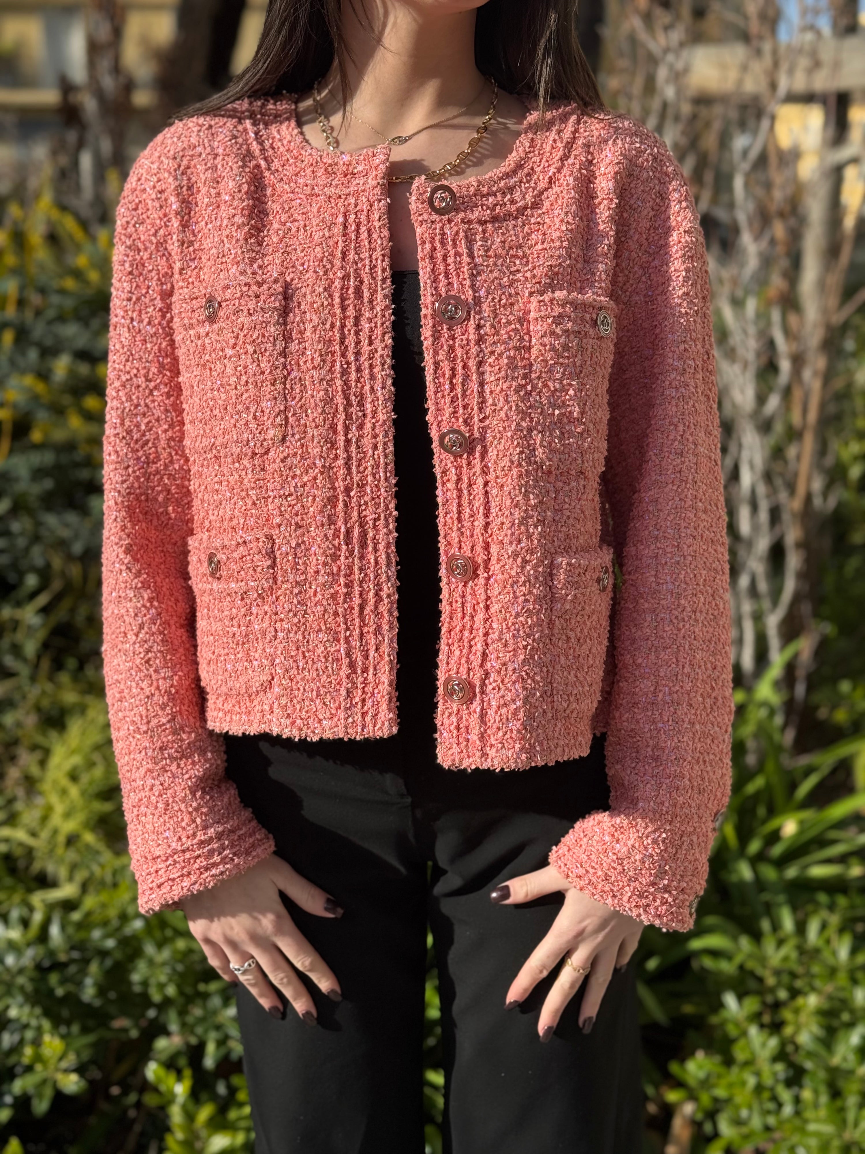 Chanel - Collarless Salmon Tweed Jacket T.38