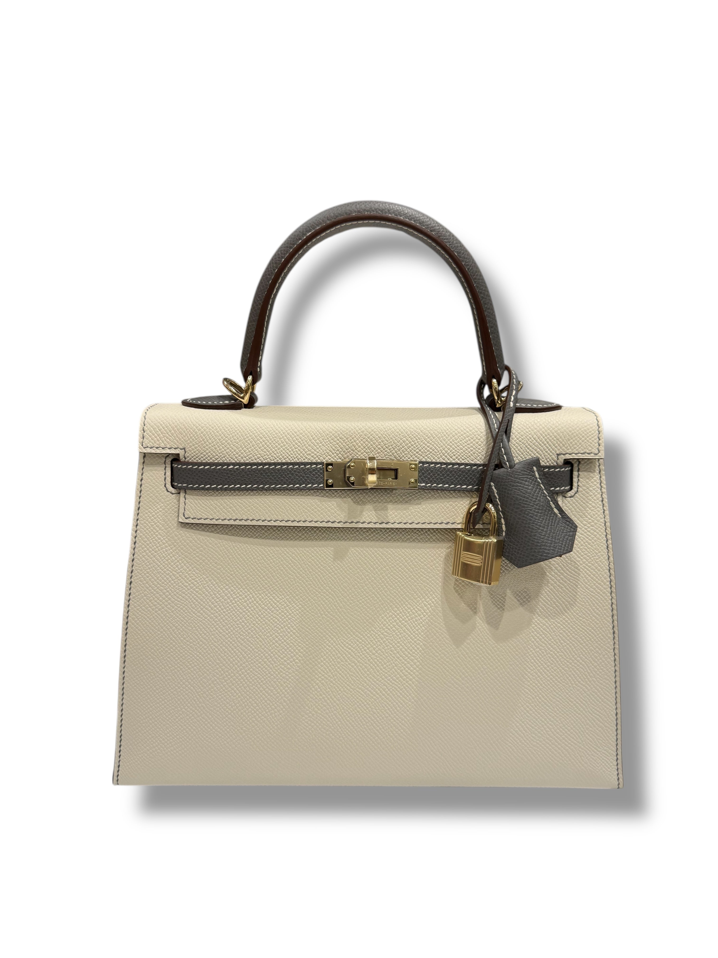 Hermès - Sac Kelly 25 Craie / Gris Meyer commande spécial