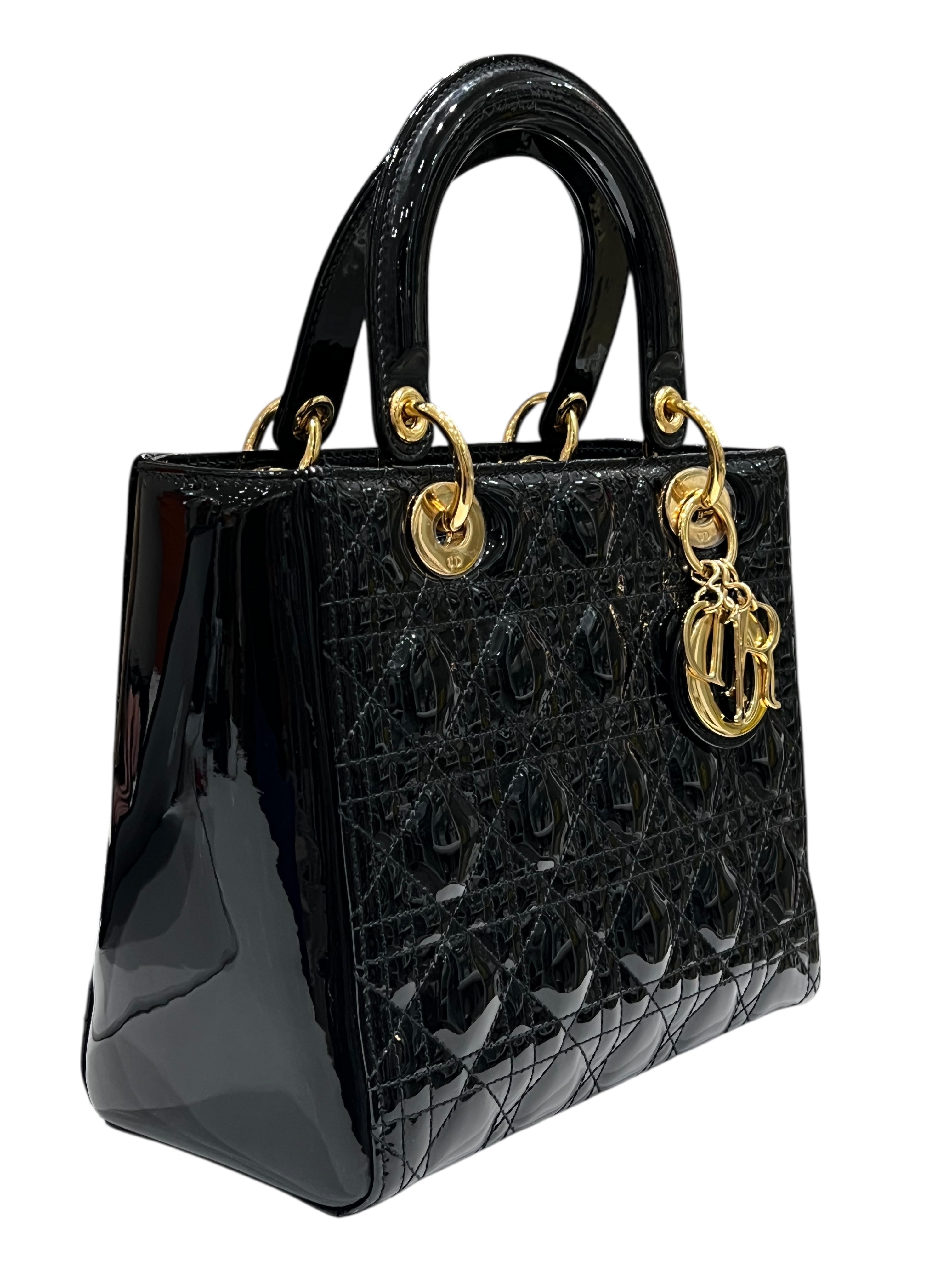 Dior - sac lady cuir vernis noir MM