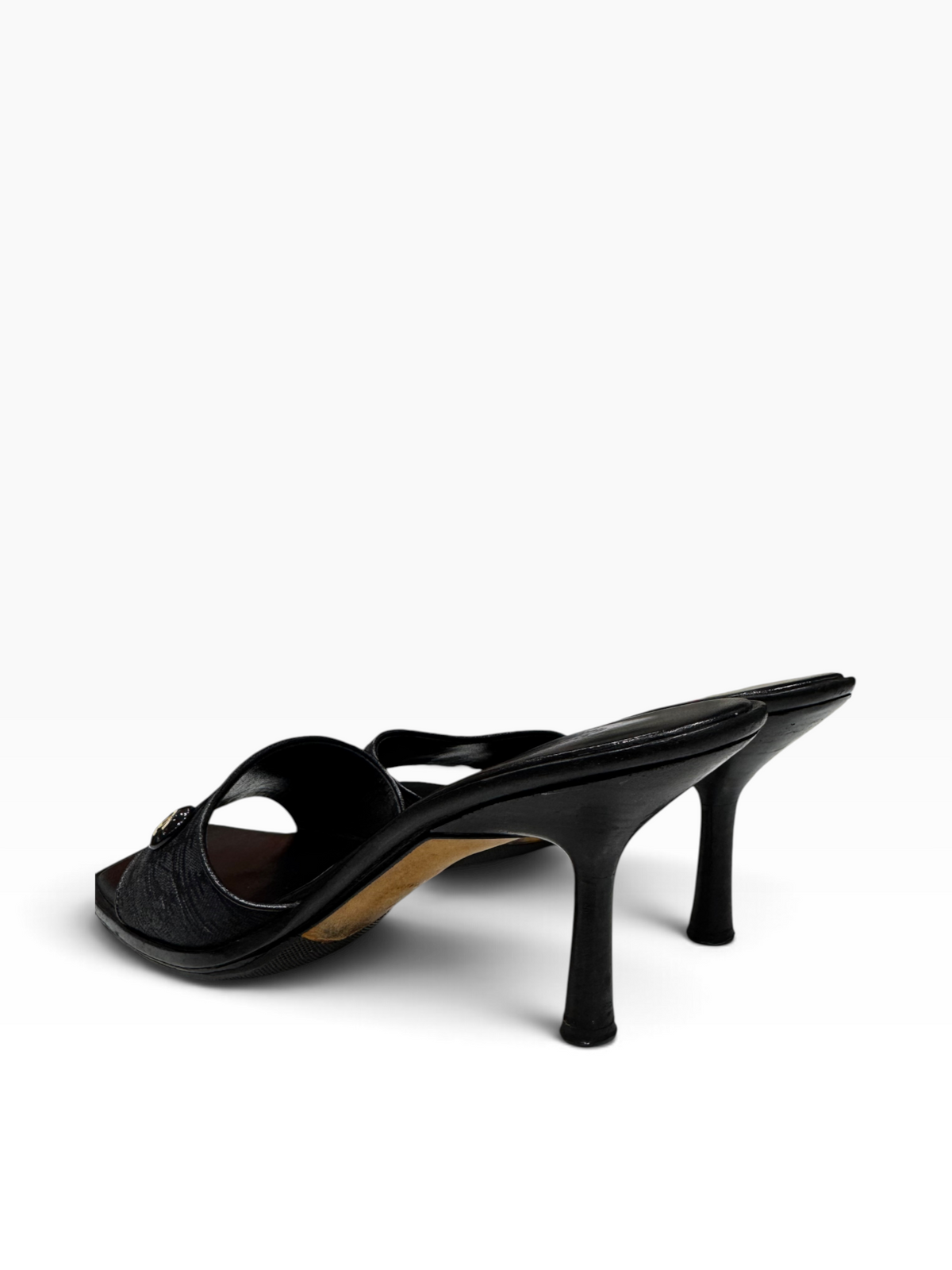 Chanel - Mules à talon en cuir noir et toile