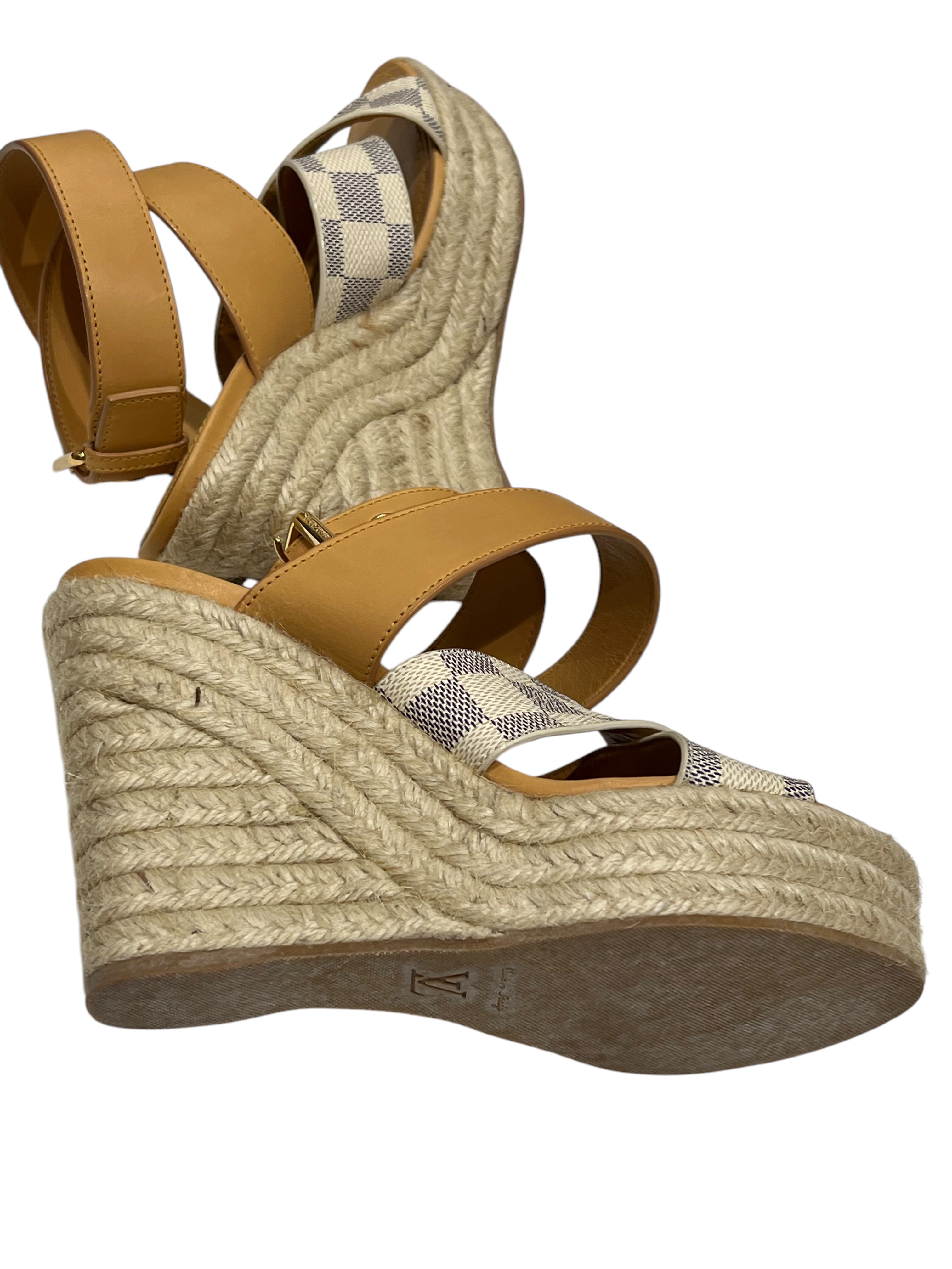 Louis Vuitton - sandales talon compensé corde toile damier azur T 37