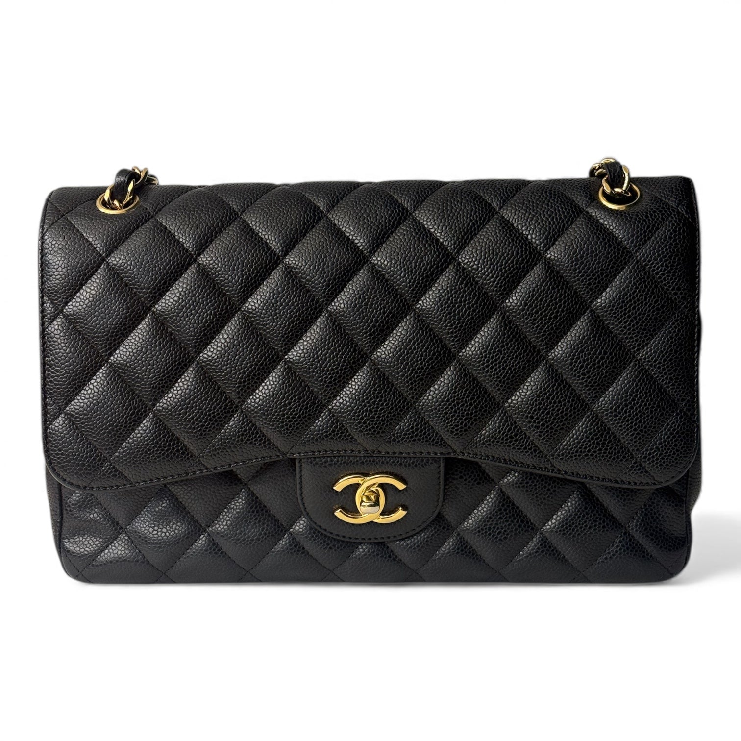 Chanel - Jumbo-Tasche aus schwarzem Kaviarleder und Goldfarben