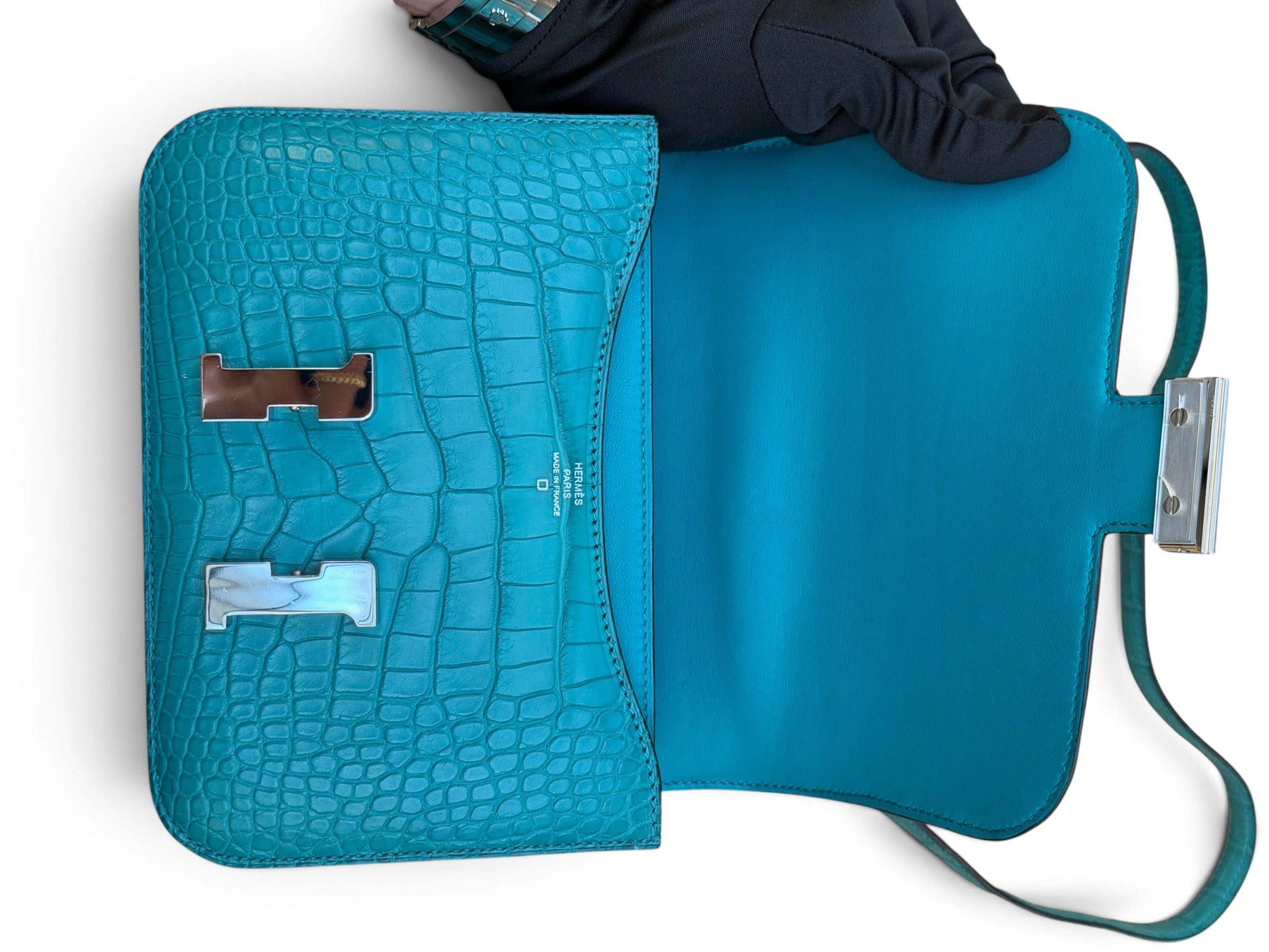 Hermès - Sac Constance 18 Alligator Mat Bleu Paon