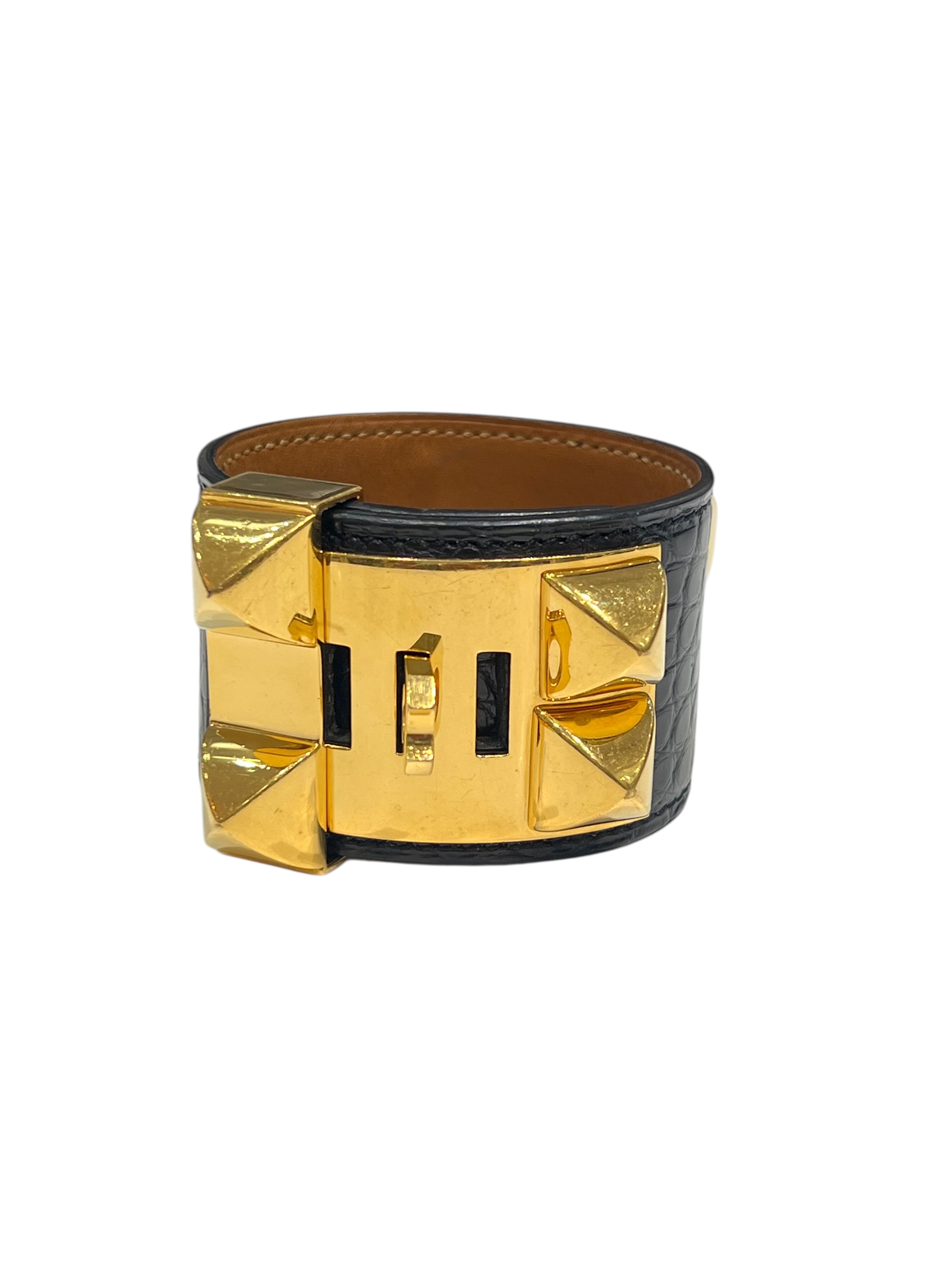 Hermès- manchette medor alligator noir doré
