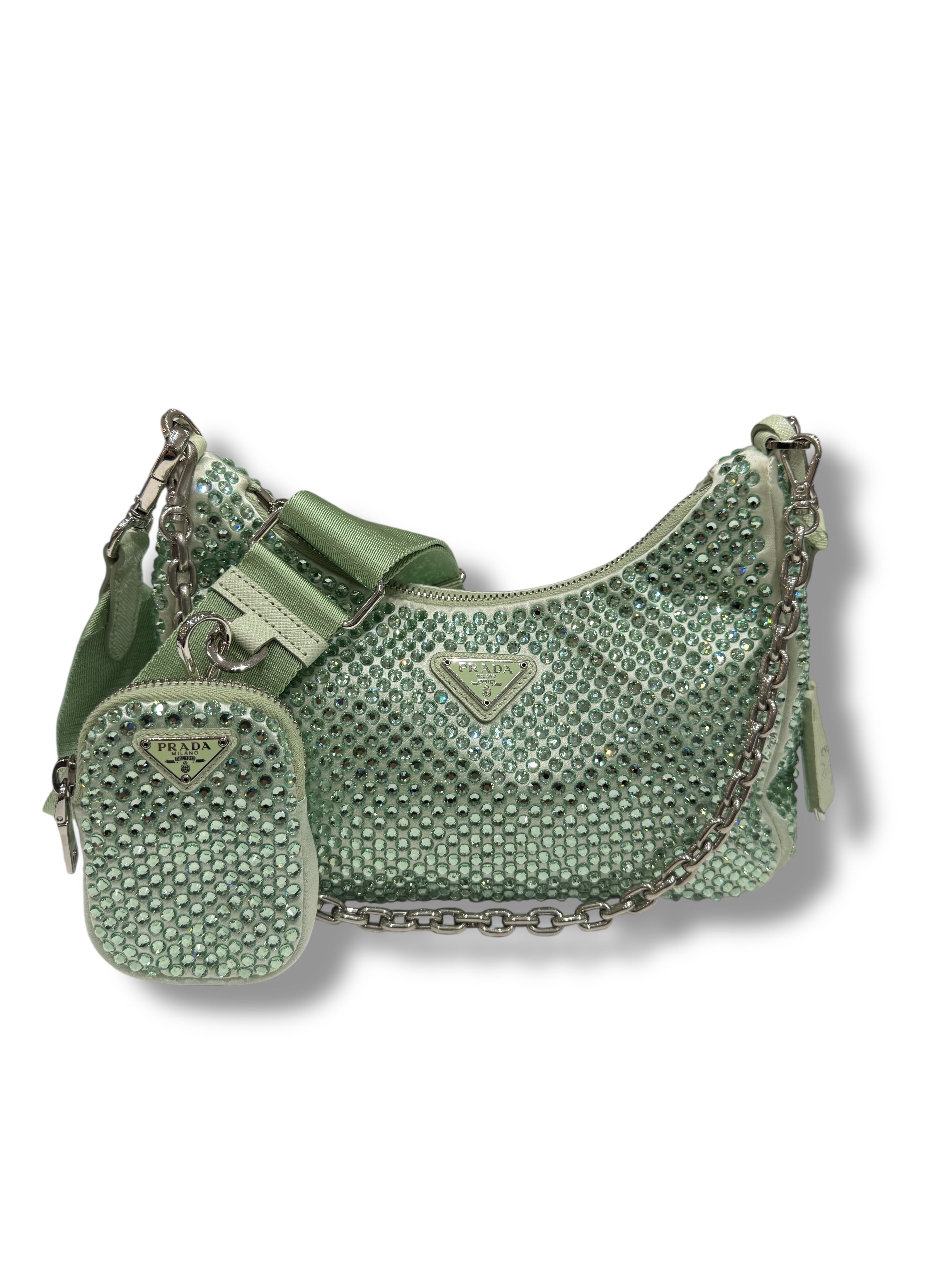 Prada - Sac Ré-edition 2005 a satin a Cristaux Vert d’eau