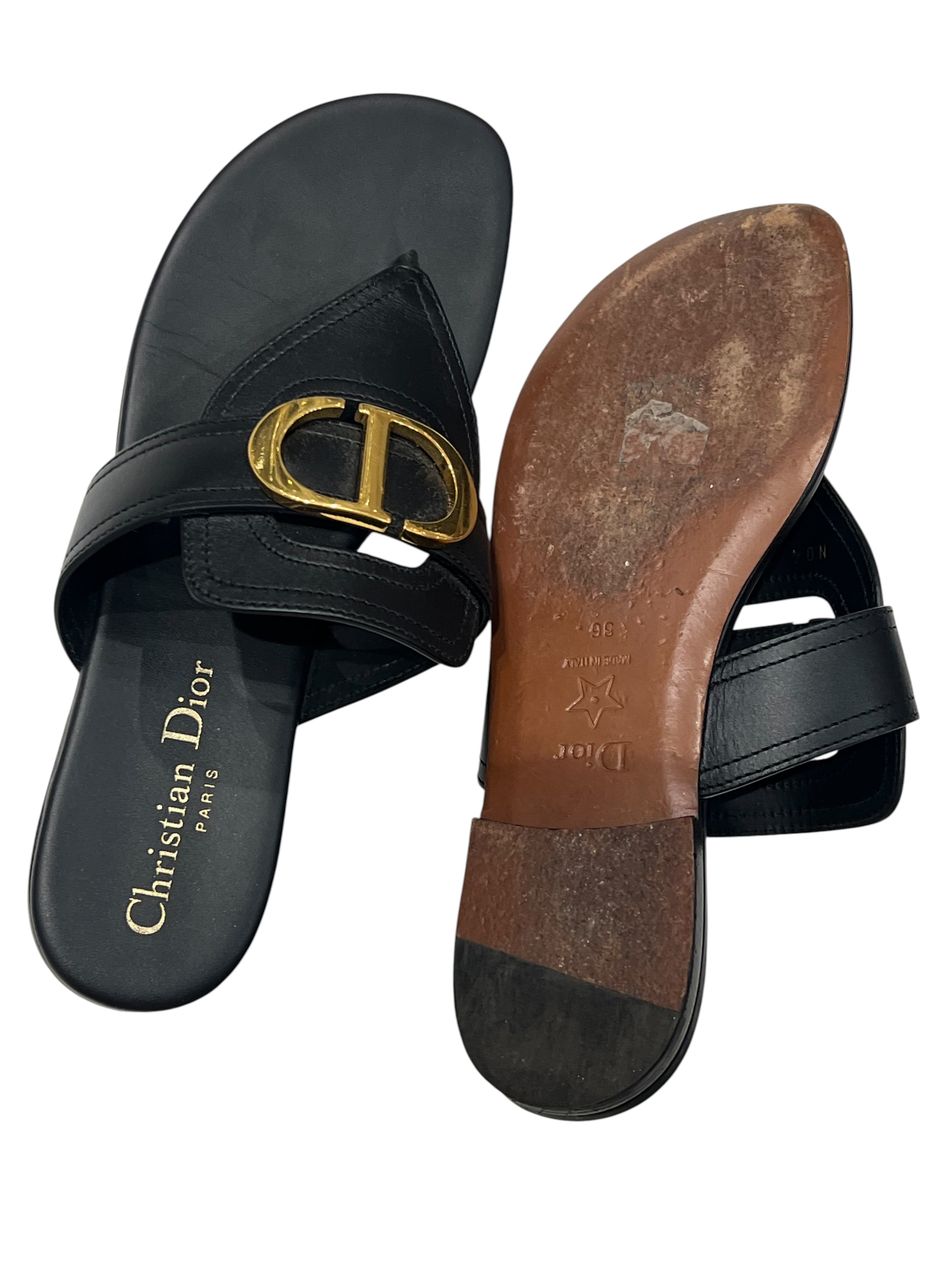 Dior - tongs en cuir noir 30 Montaigne T36