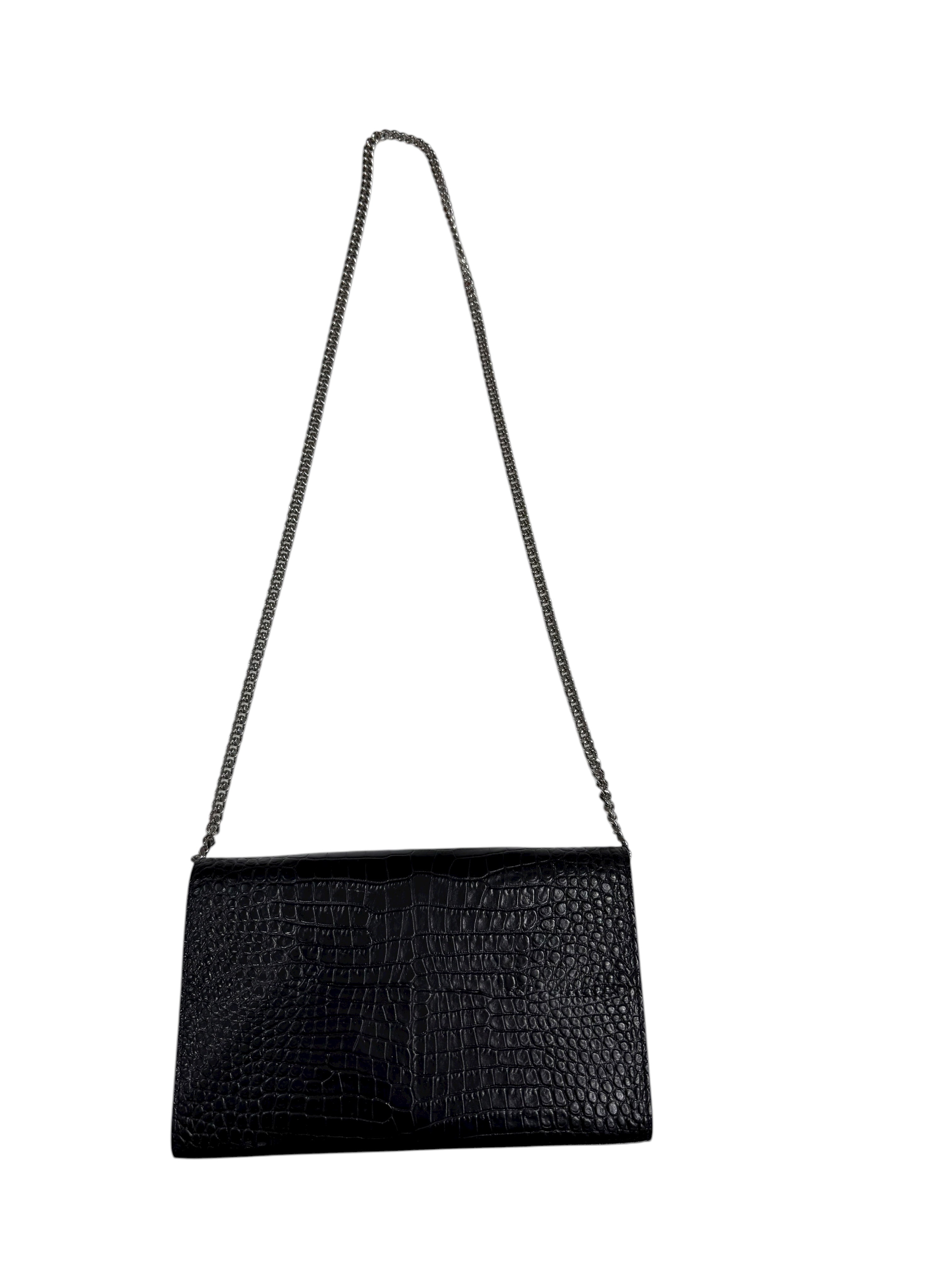 Saint Laurent - Sac pochette Kate embossé crocodile noir