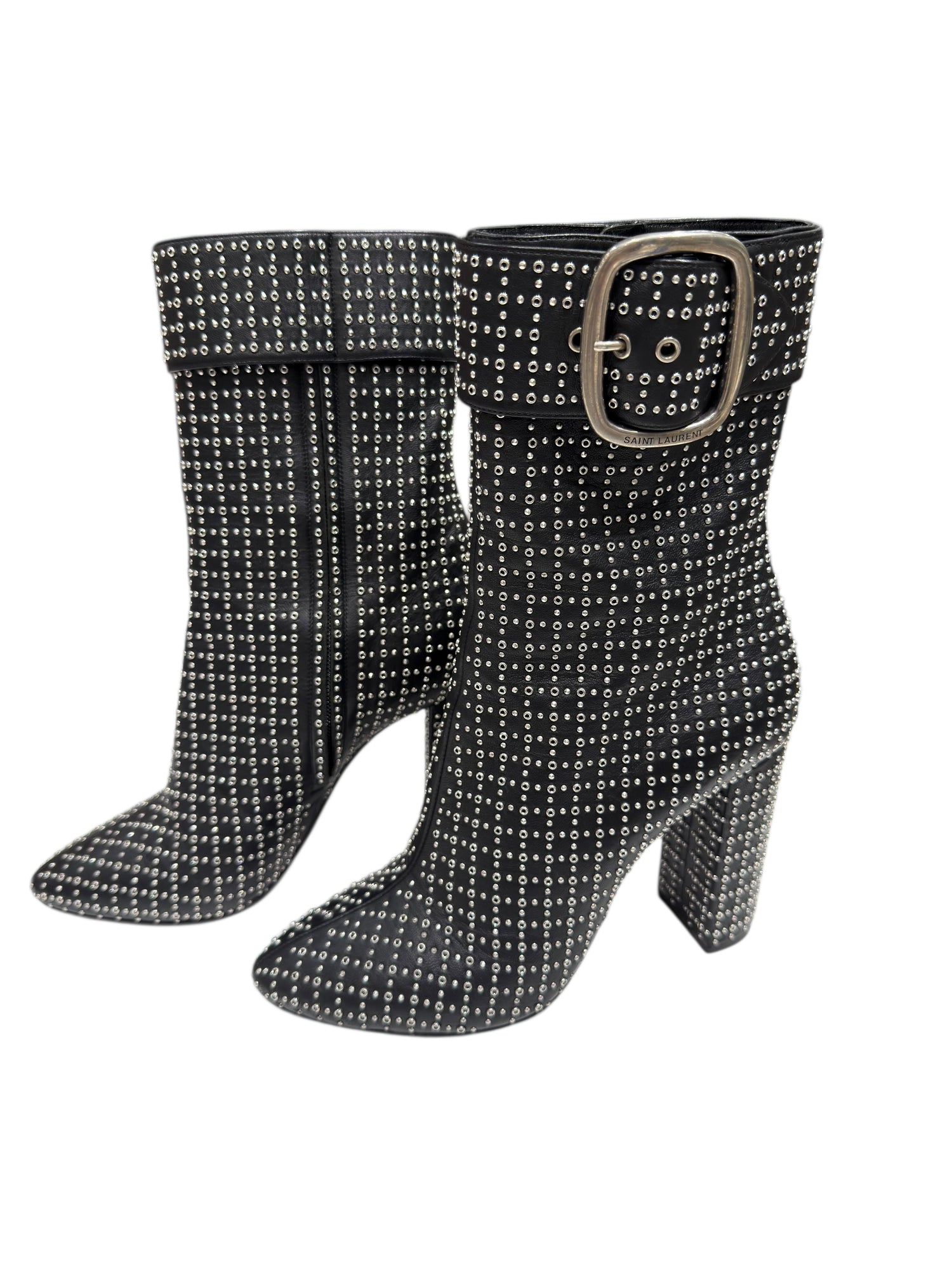Saint Laurent - Bottines à clous perforés noires et boucle argenté T40