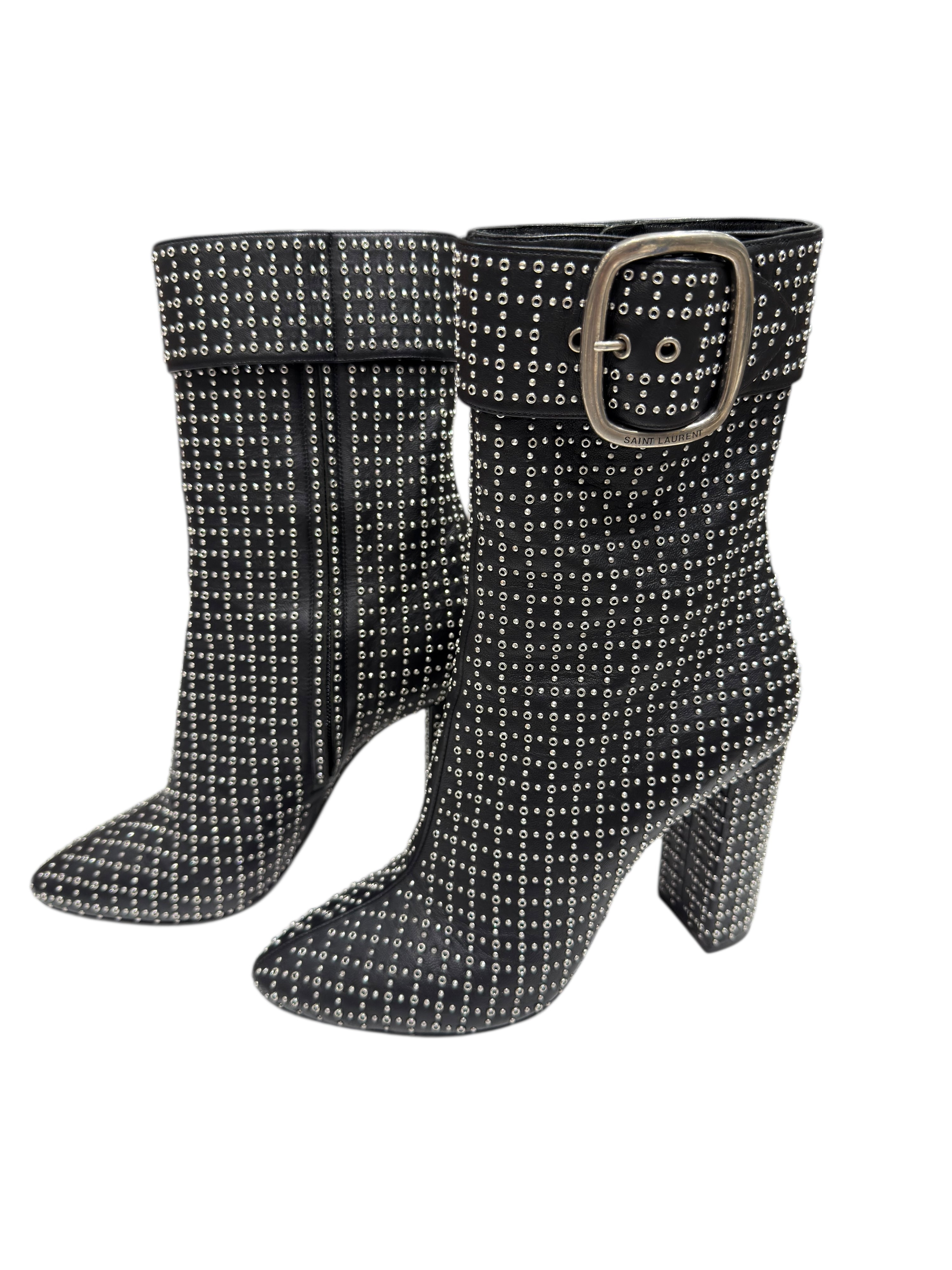 Saint Laurent - Schwarze Stiefeletten mit durchlochten Nieten und silberner Schnalle Gr. 40