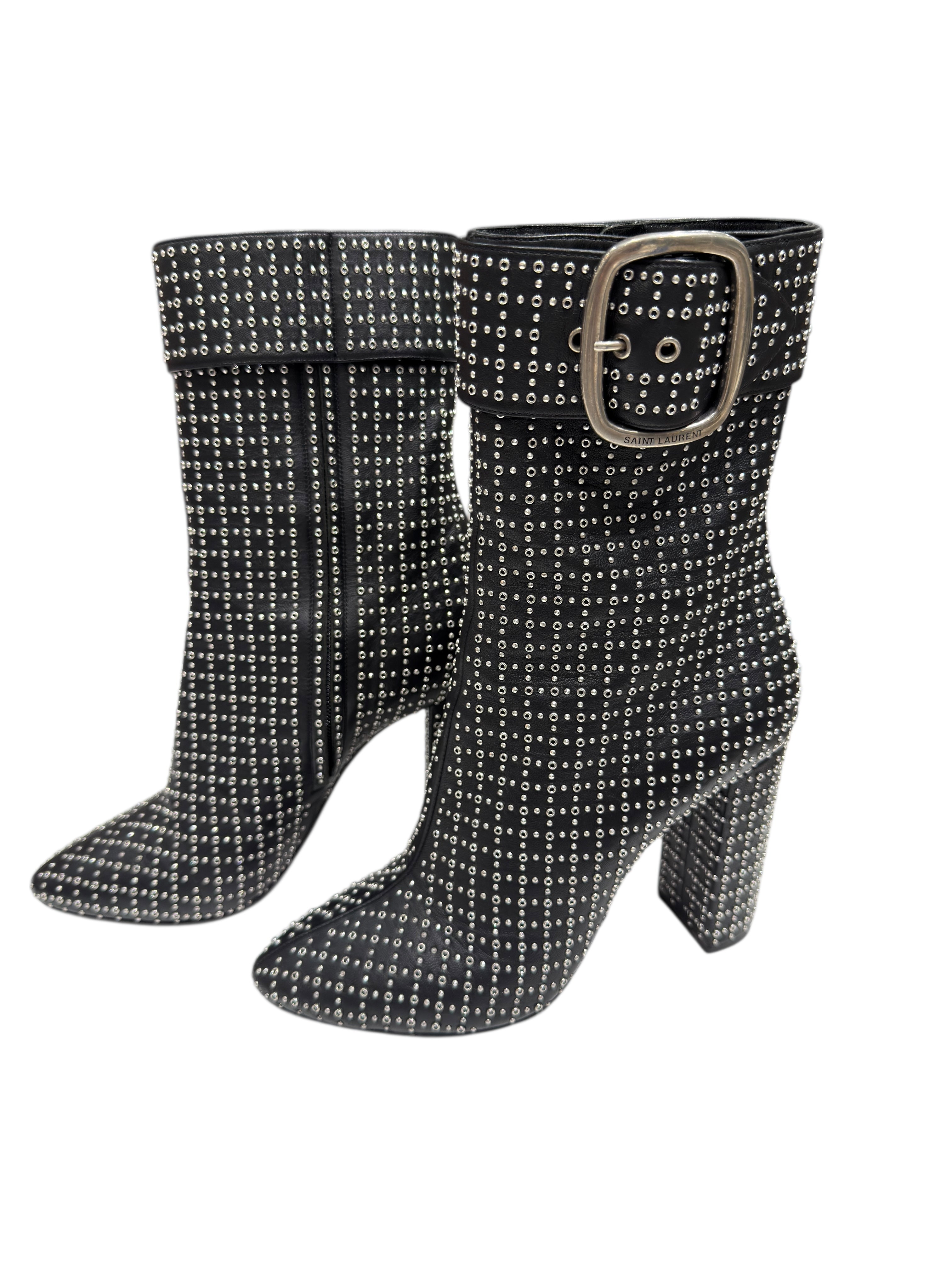 Saint Laurent - Bottines à clous perforés noires et boucle argenté T40