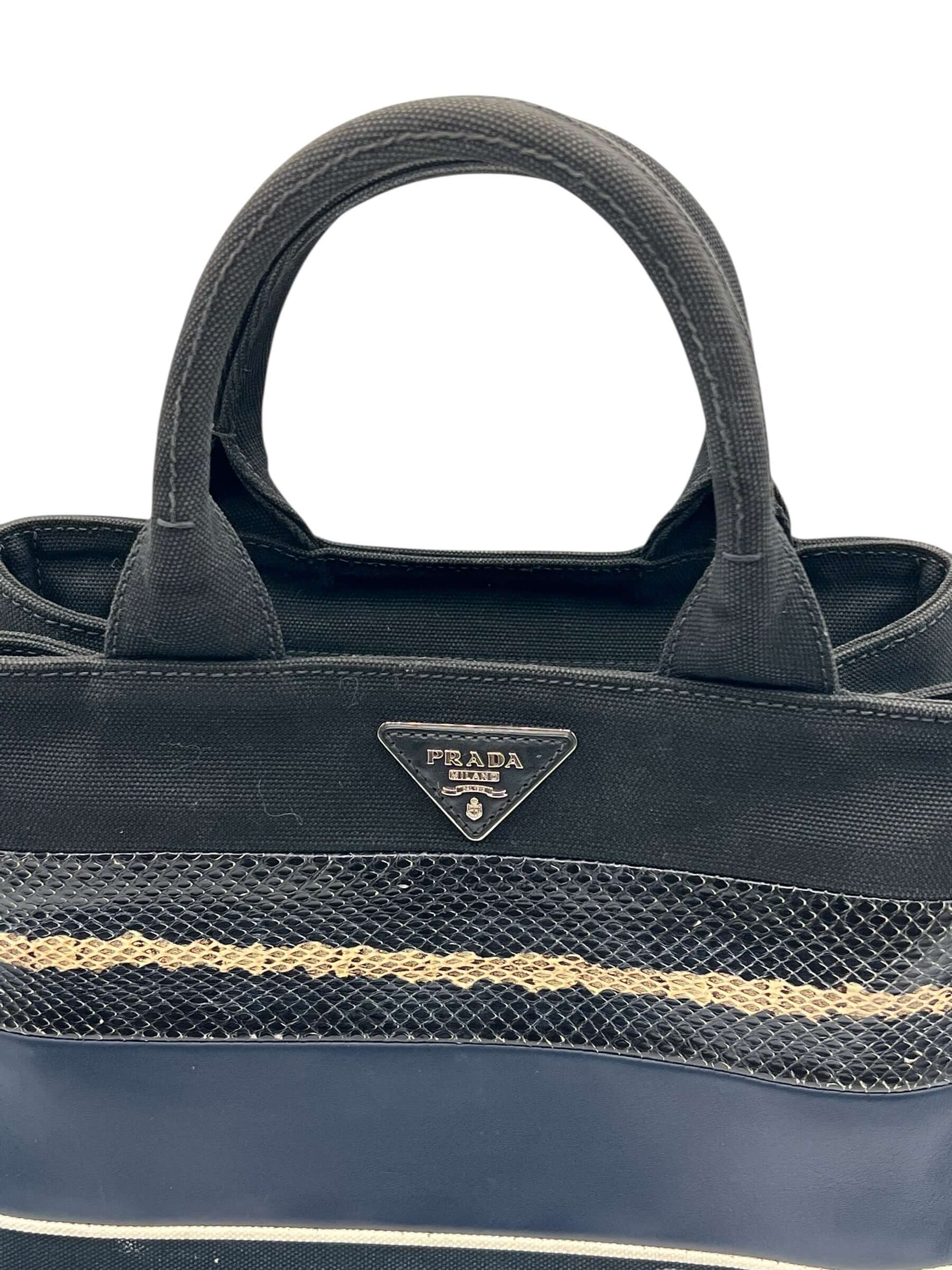 Prada - sac Canapa, toile, cuir et python marine et noir