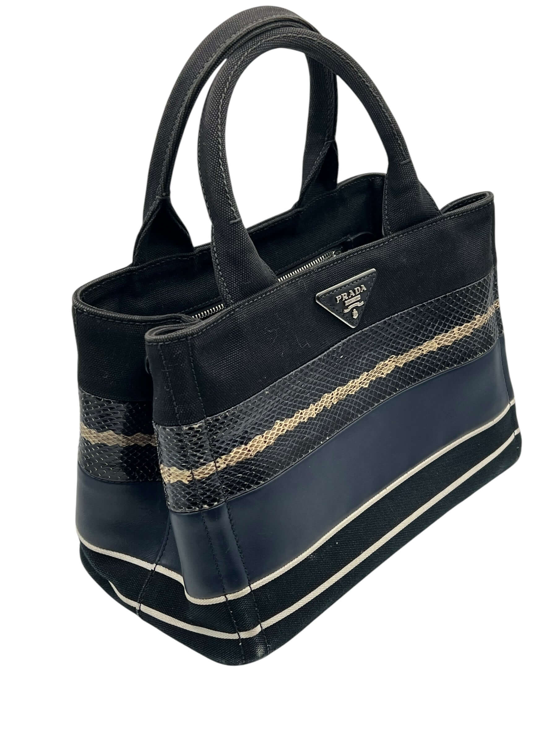 Prada - sac Canapa, toile, cuir et python marine et noir