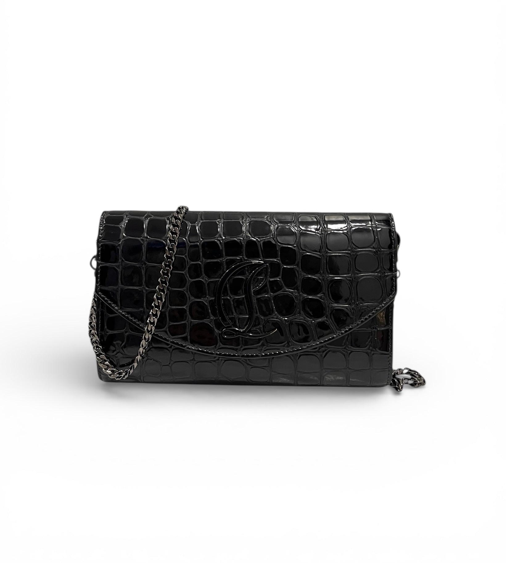 Louboutin - Wallet on chain effet croco en cuir vernis