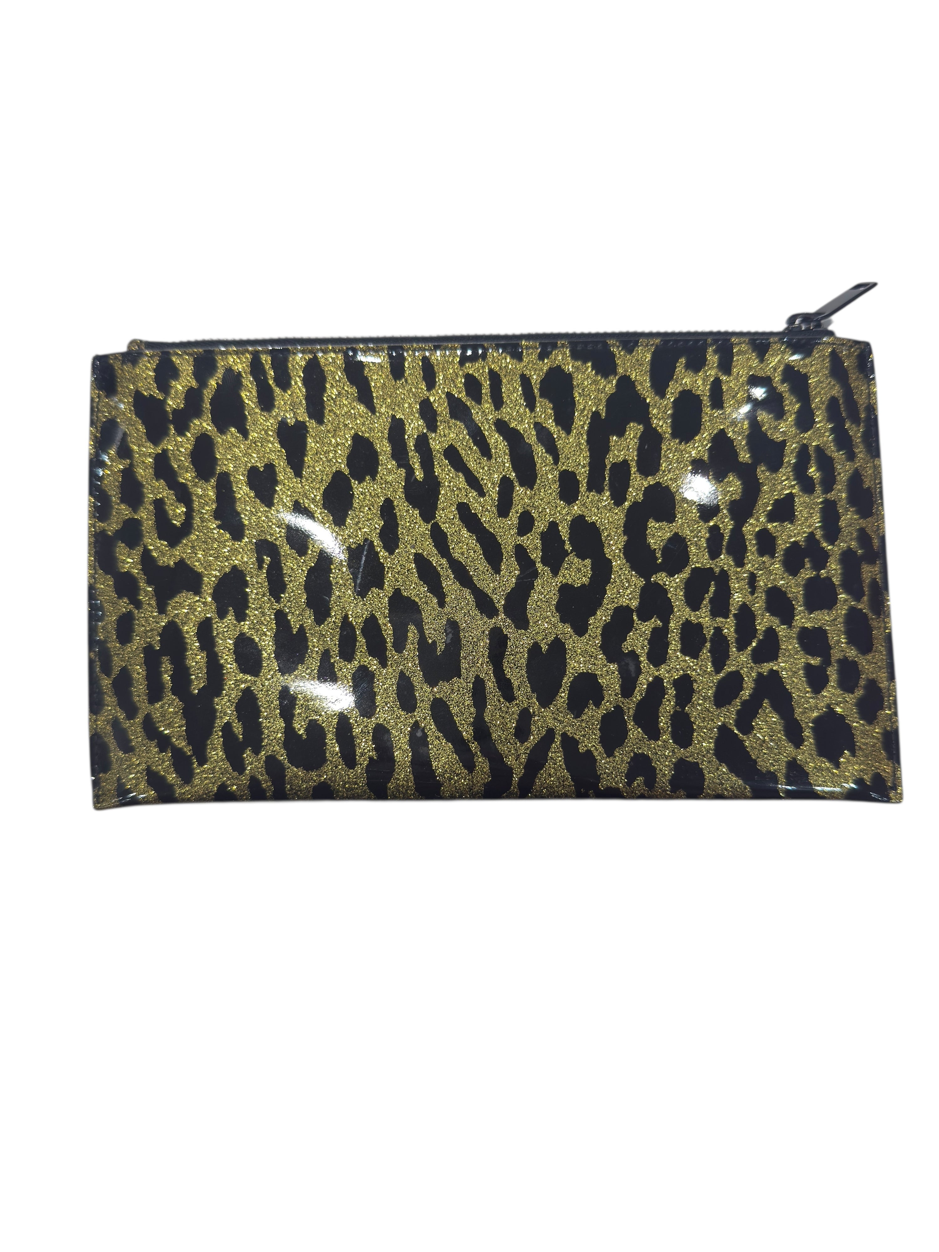 Saint Laurent - Täschchen aus lackiertem Leder mit goldenem Leopardenmuster und schwarzer Glitzerverzierung
