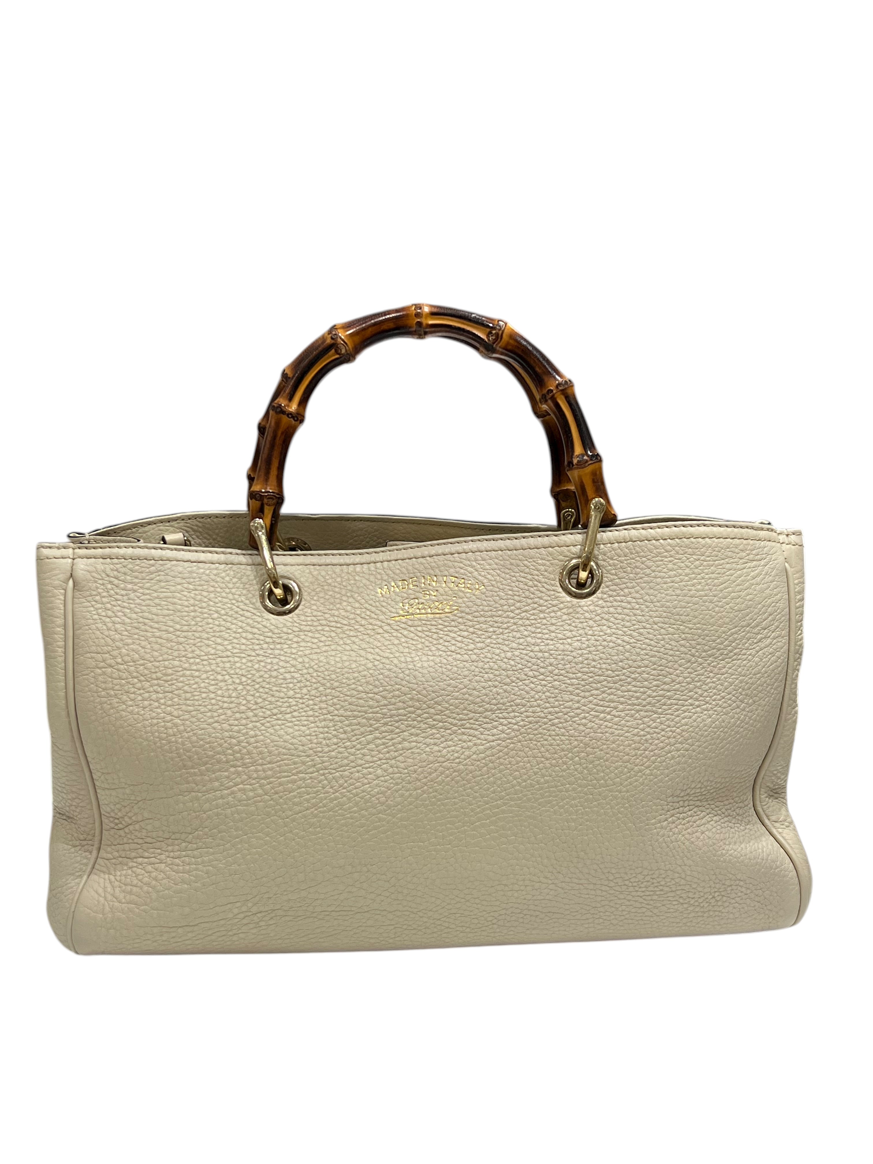Gucci - sac cabas cuir beige, anses bambou