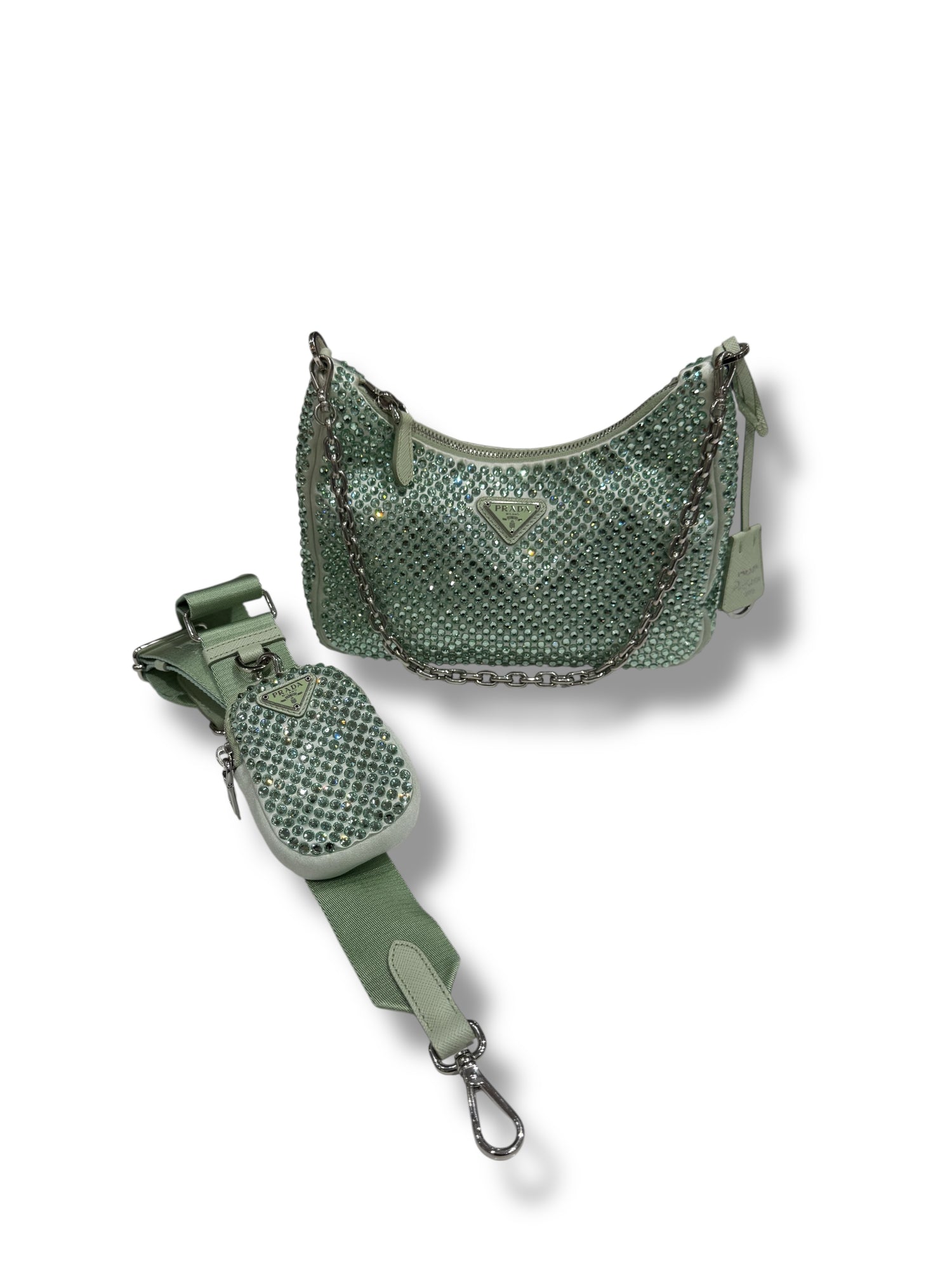 Prada - Sac Ré-edition 2005 a satin a Cristaux Vert d’eau