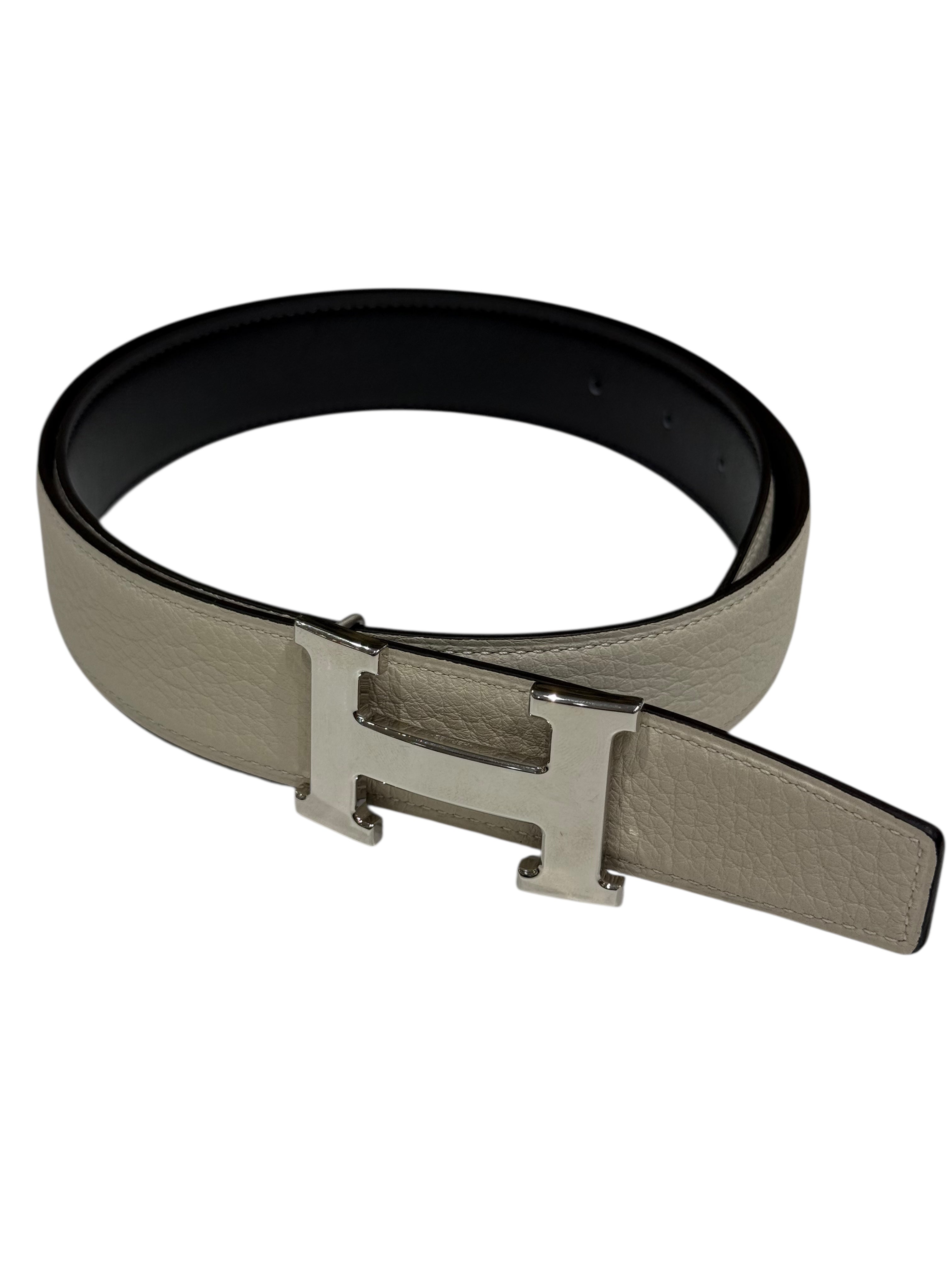 Hermès - Ceinture H finition argenté cuir réversible craie et graphite