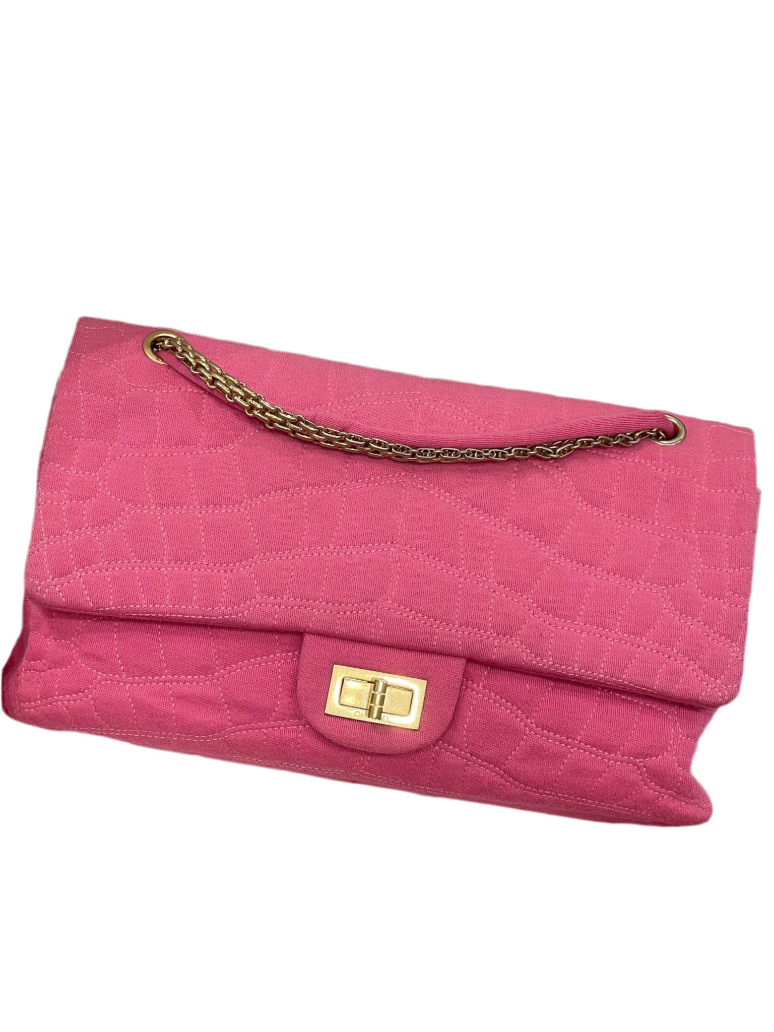 Chanel – Rosafarbene 2,55-Jersey-Tasche im Krokodil-Stil