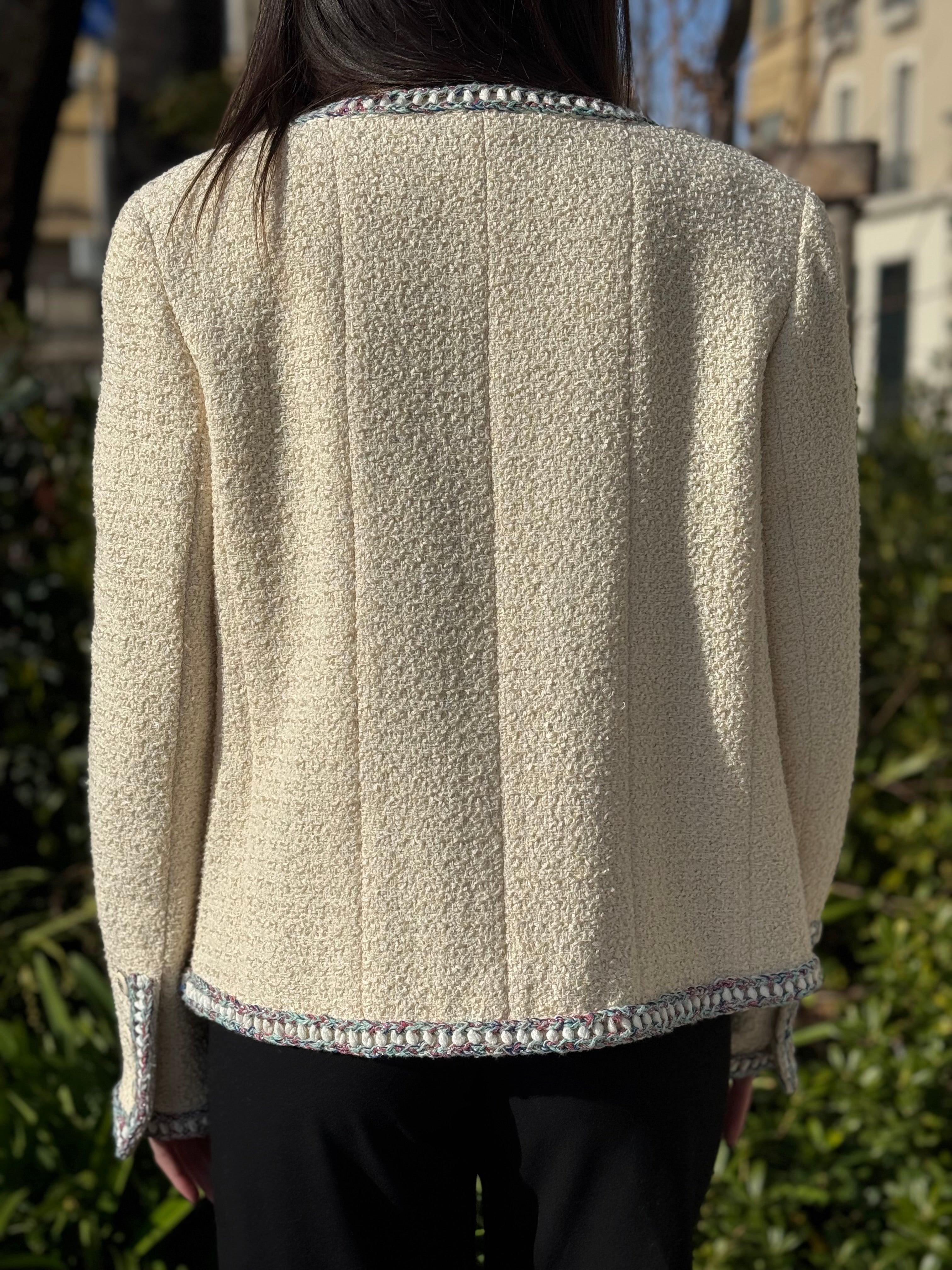 Chanel - Veste tweed sans col écru t.42