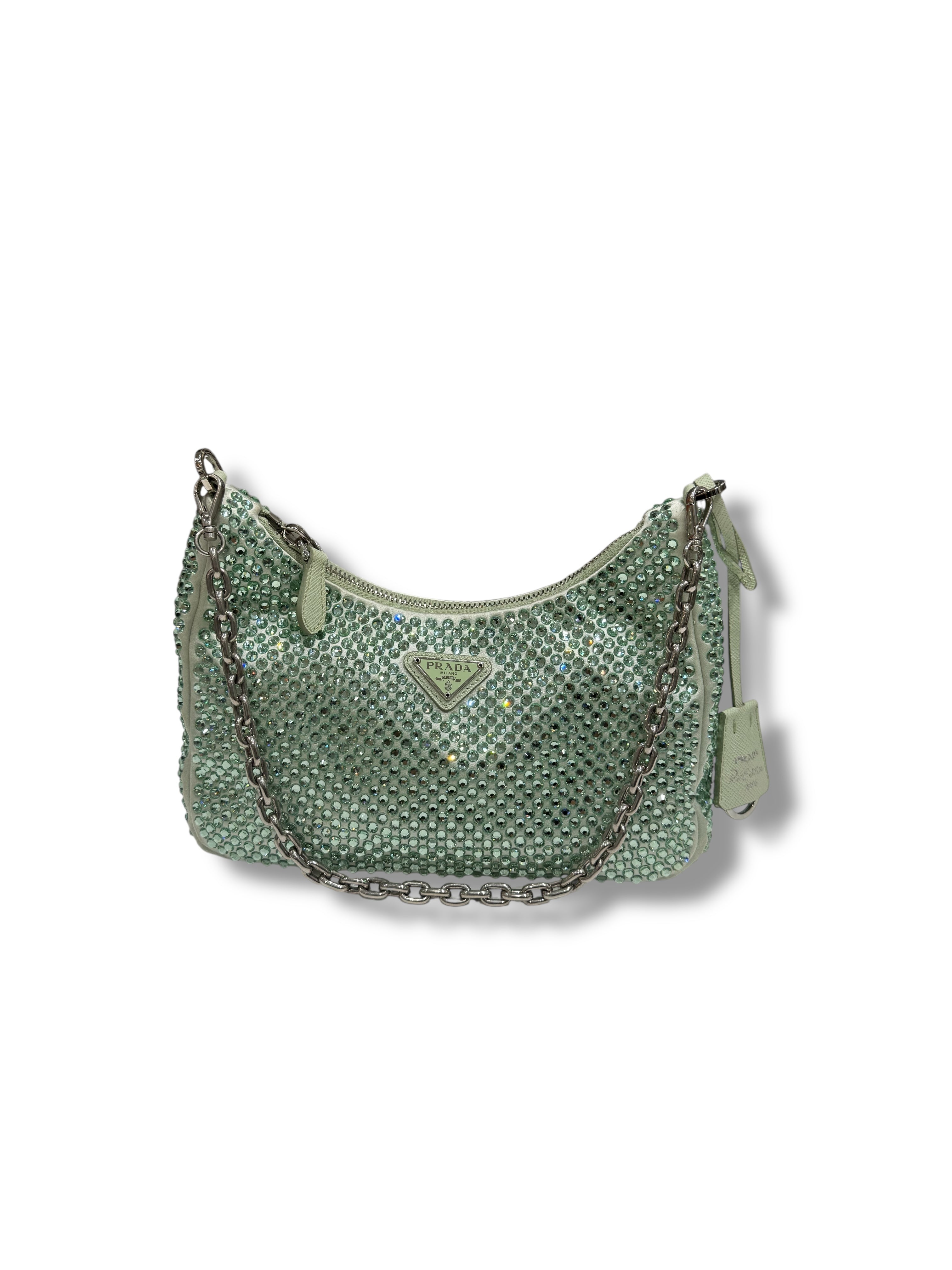 Prada - Sac Ré-edition 2005 a satin a Cristaux Vert d’eau