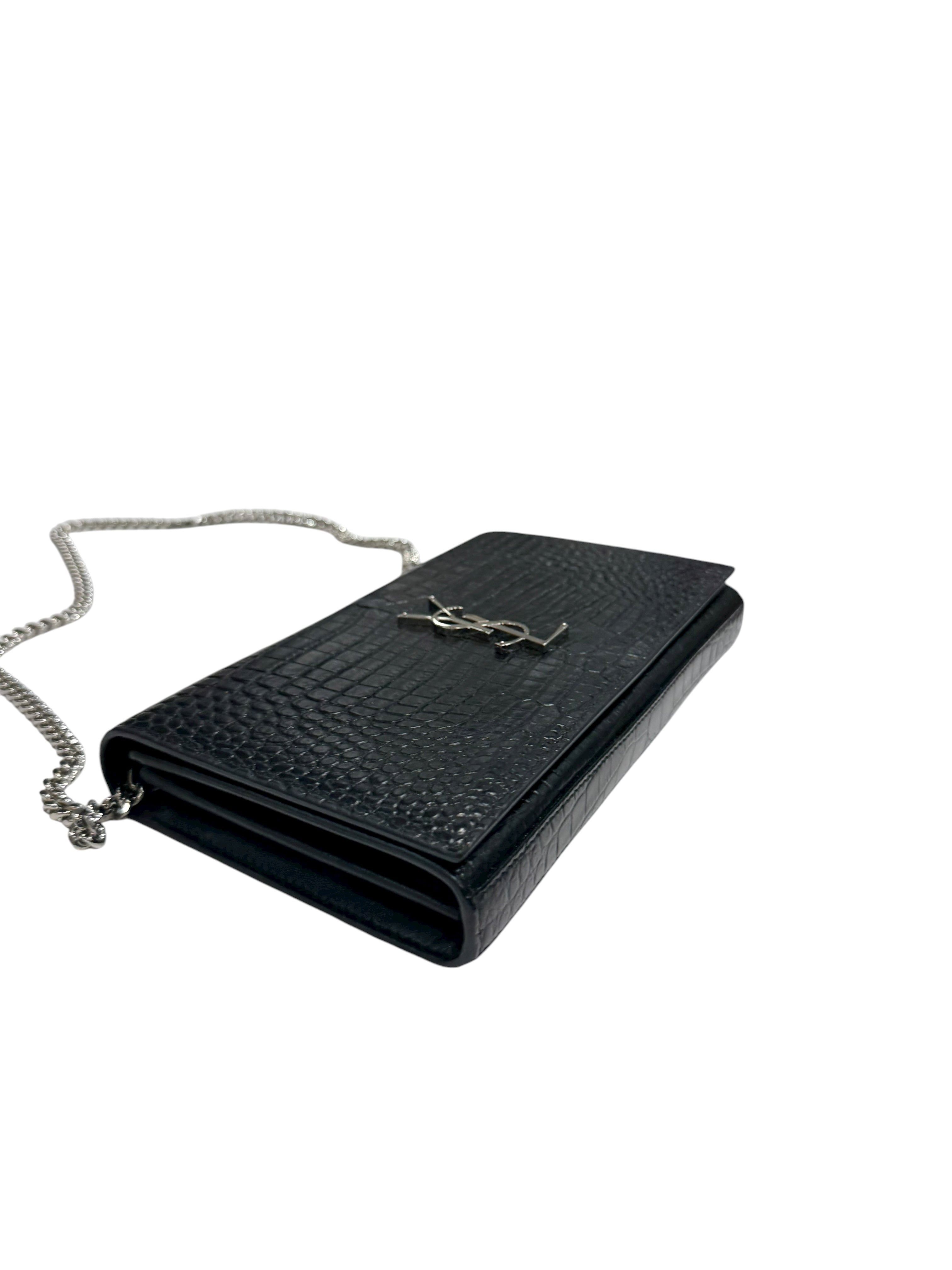 Saint Laurent - Sac pochette Kate embossé crocodile noir