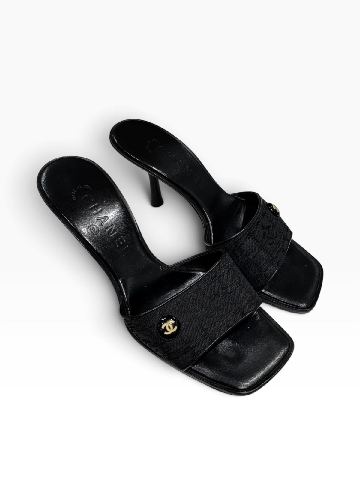 Chanel - Mules à talon en cuir noir et toile