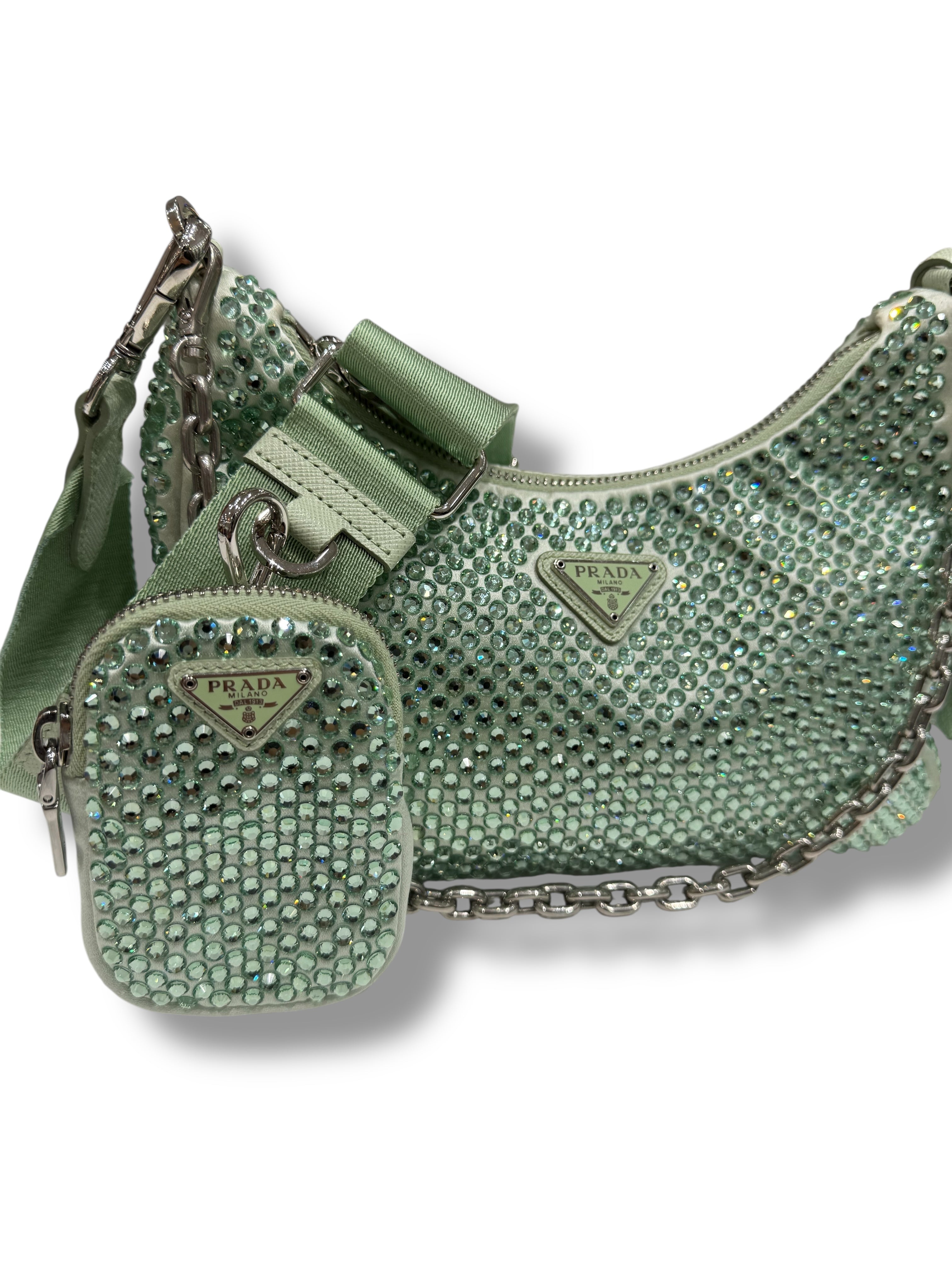 Prada - Sac Ré-edition 2005 a satin a Cristaux Vert d’eau