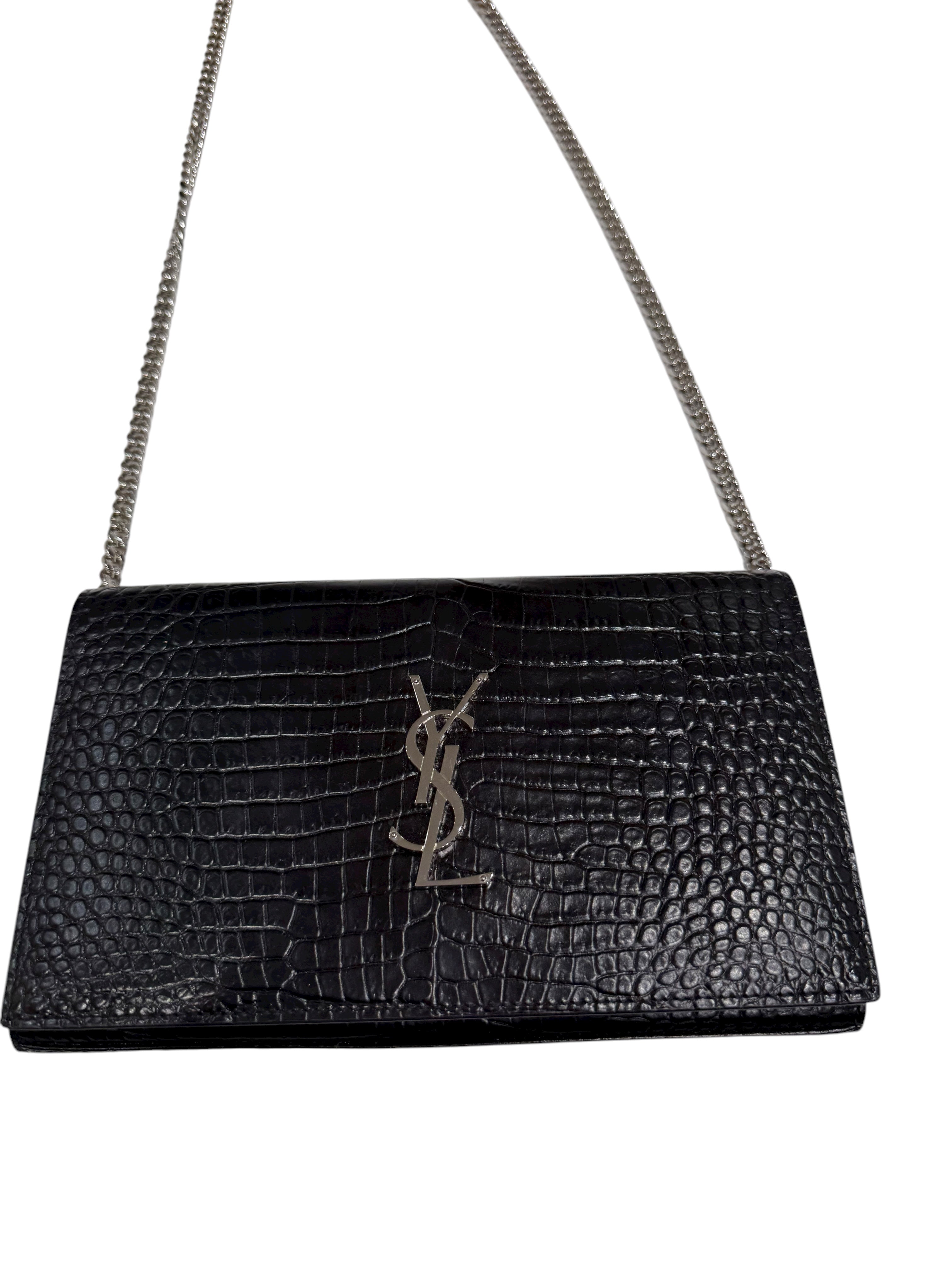Saint Laurent - Sac pochette Kate embossé crocodile noir