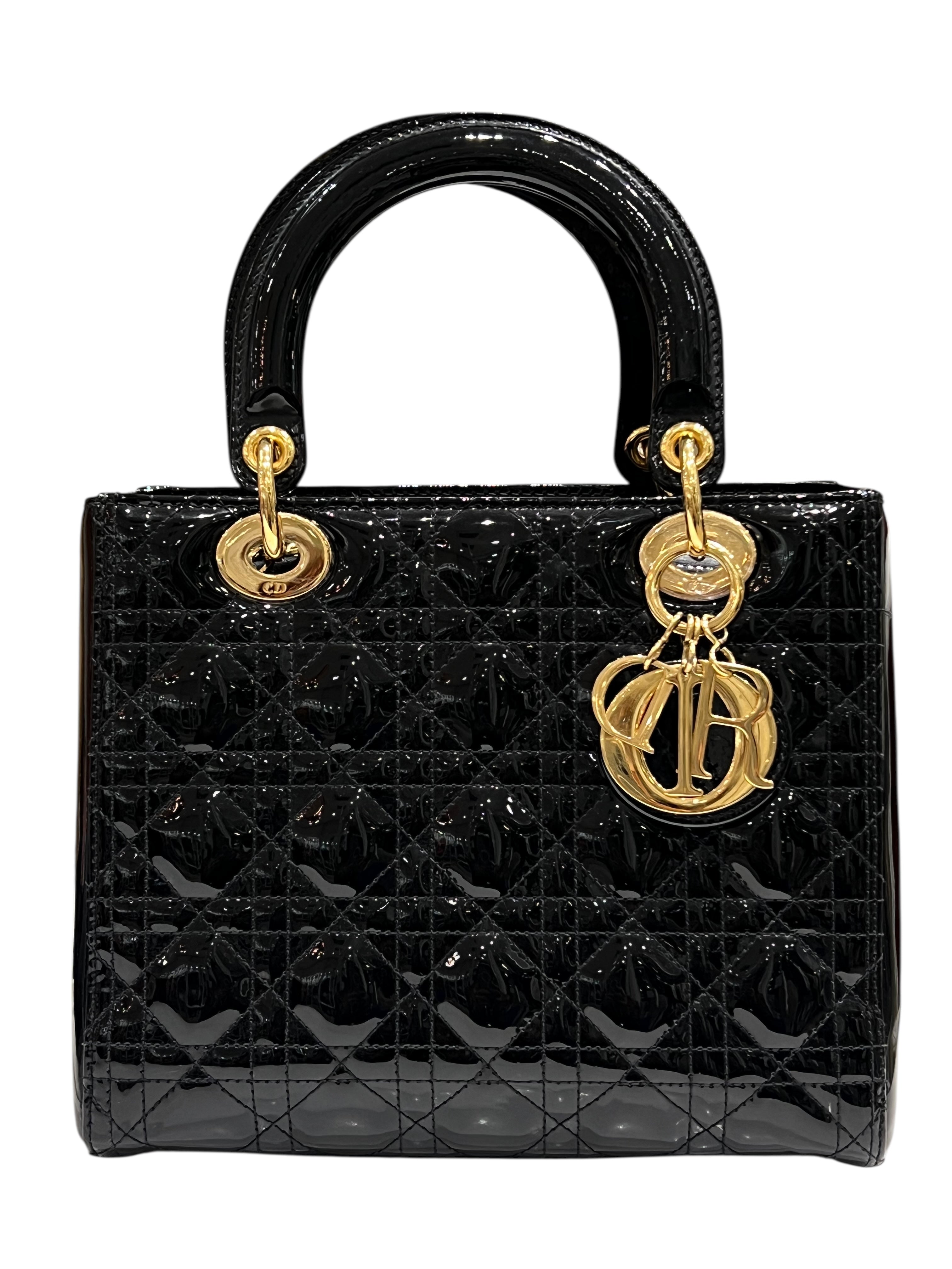 Dior - sac lady cuir vernis noir MM