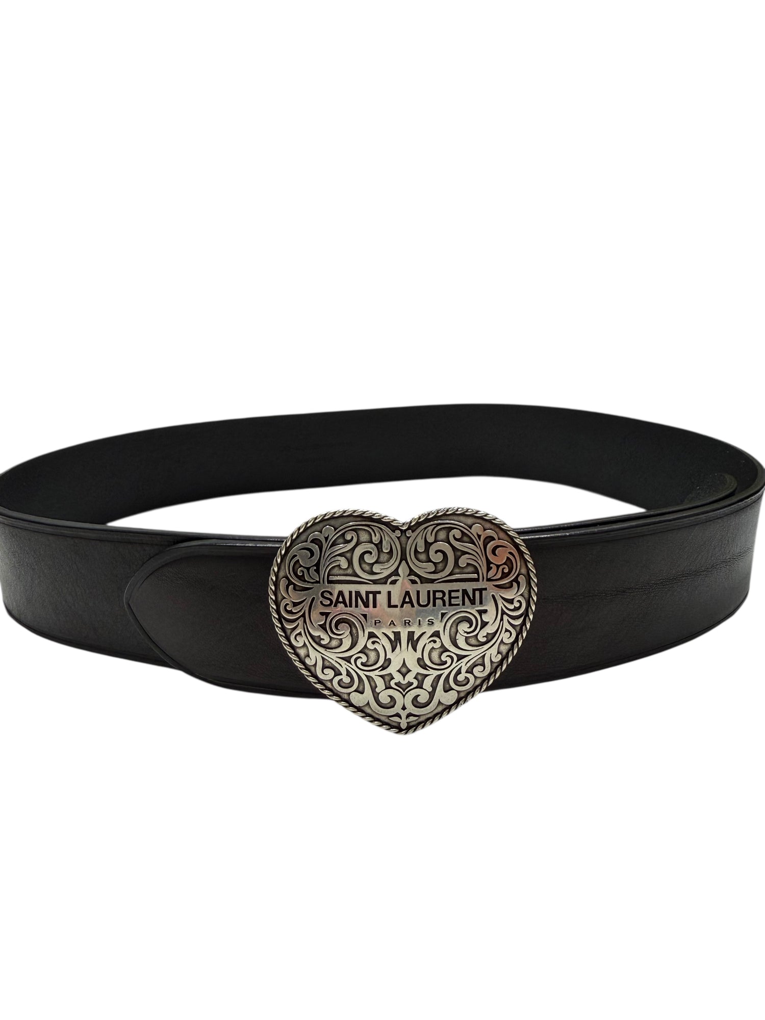 Saint Laurent - Ceinture en cuir noir et boucle cœur argenté T80