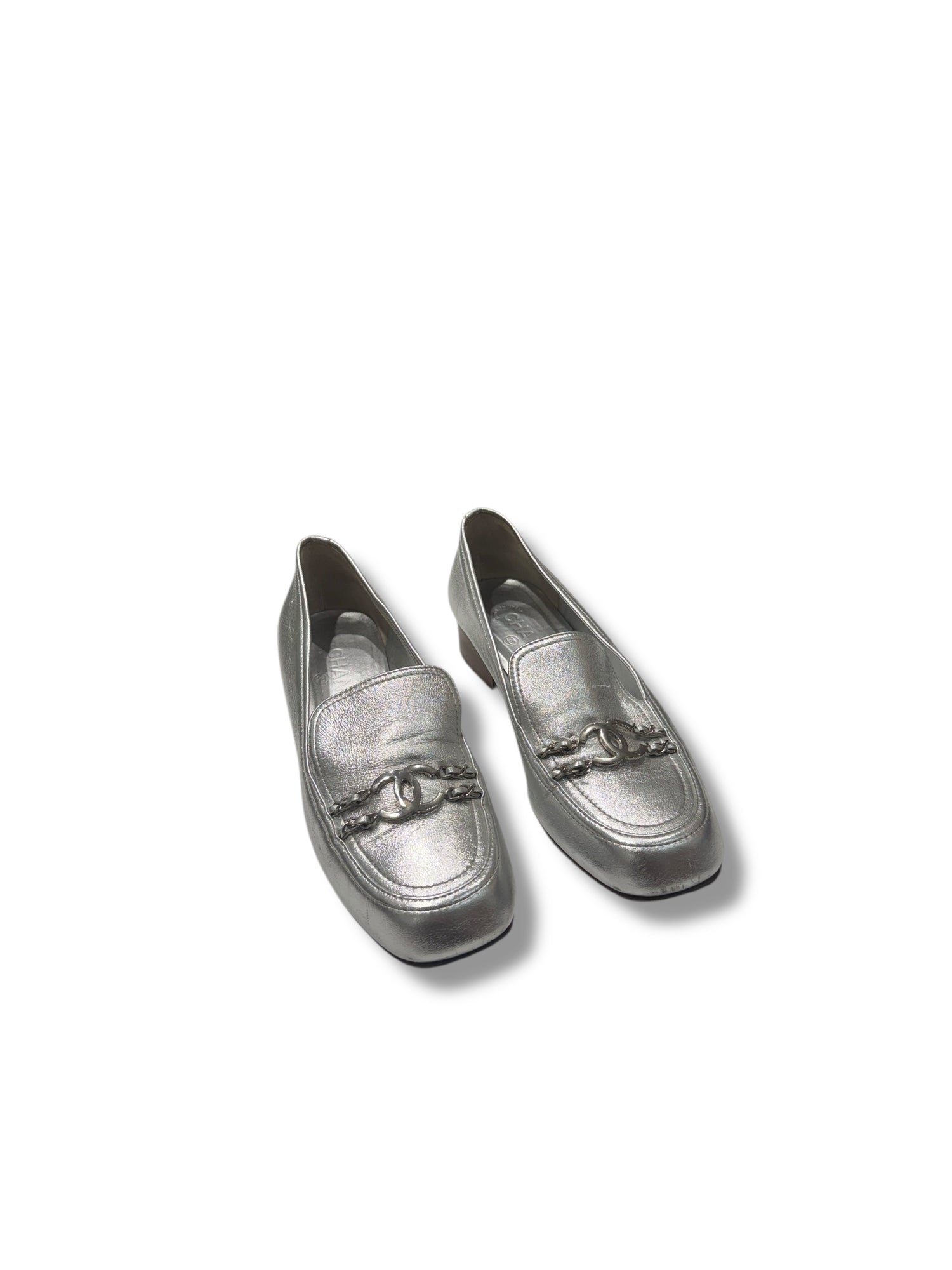 Chanel - Mocassins cuir argenté CC T41