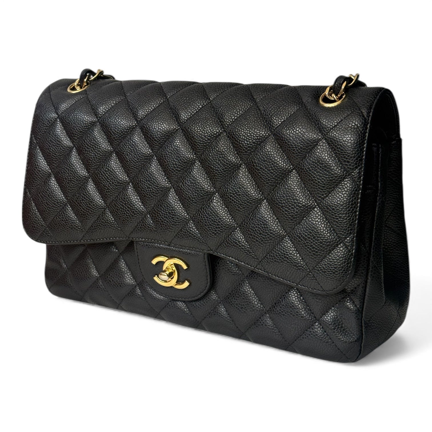 Chanel - Jumbo-Tasche aus schwarzem Kaviarleder und Goldfarben