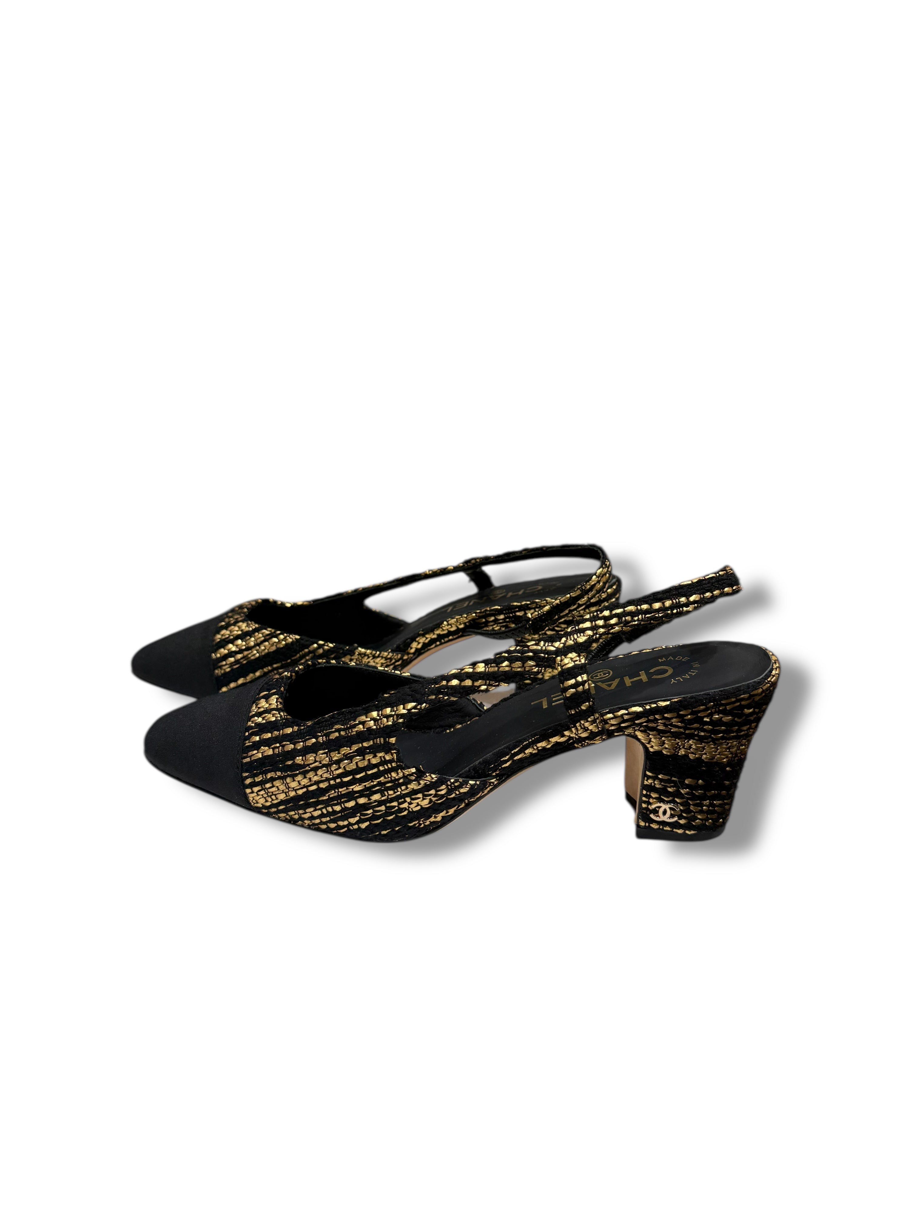 Chanel - Slingback tweed noir et or T40C édition limitée