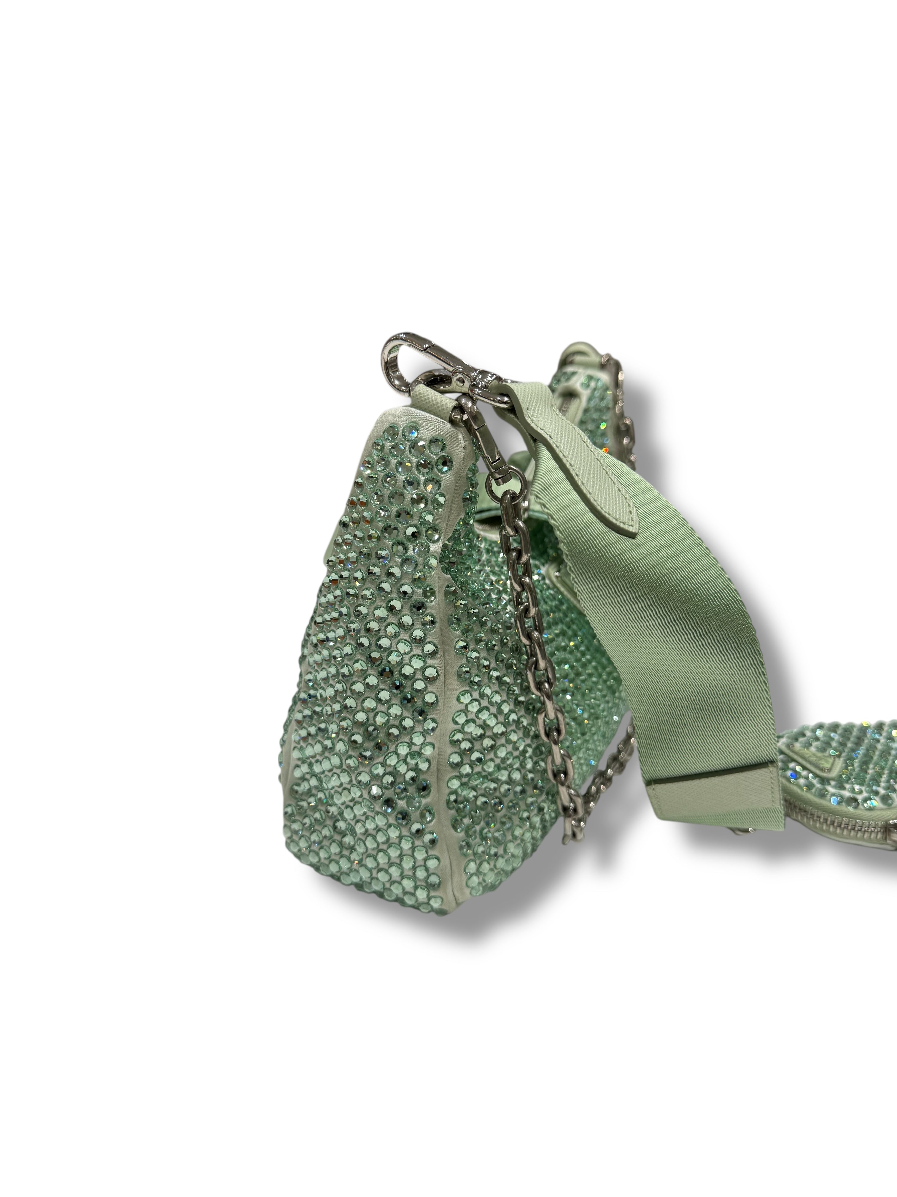 Prada - Sac Ré-edition 2005 a satin a Cristaux Vert d’eau